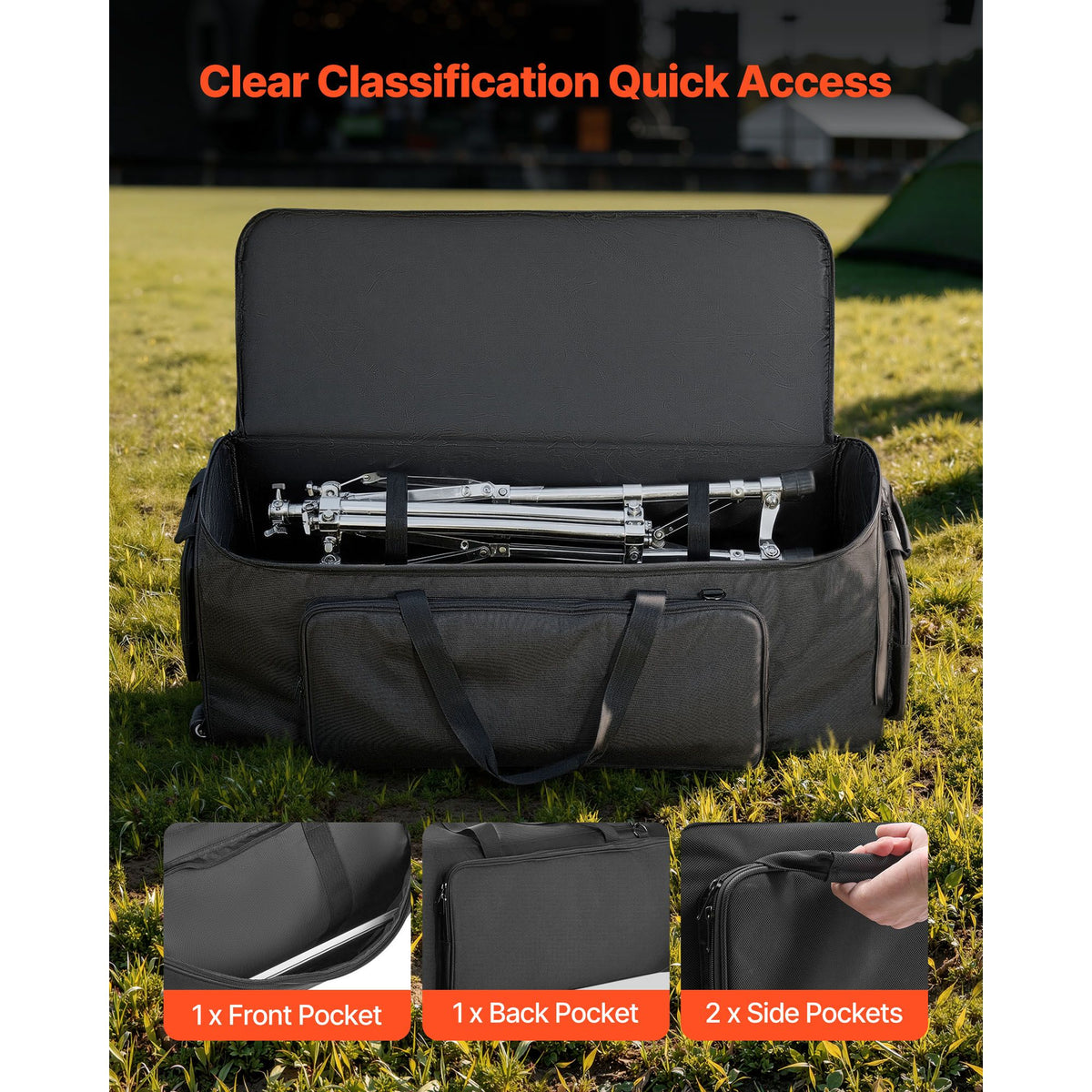 Drum Hardware Bag with Wheels, 1680D, Drum Set Equipment Carry Bag, Carrying Case with Sturdy Handle, Durable Zipper, Smooth PVC Wheels, Multiple Pockets, for Hardware and Stand Accessory, Black