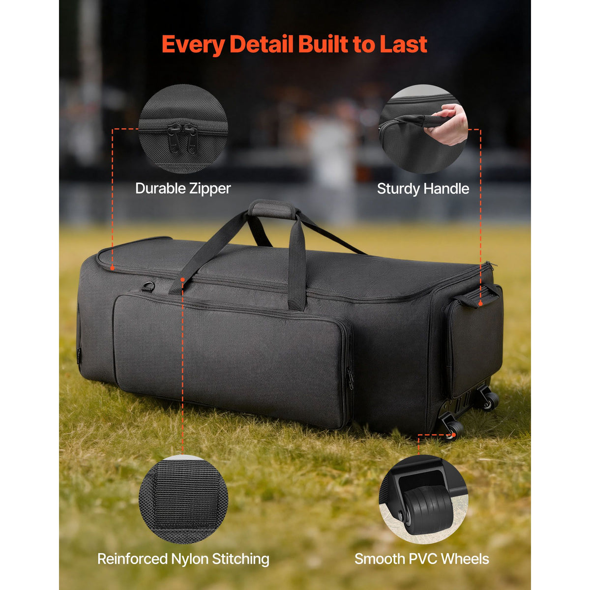 Drum Hardware Bag with Wheels, 1680D, Drum Set Equipment Carry Bag, Carrying Case with Sturdy Handle, Durable Zipper, Smooth PVC Wheels, Multiple Pockets, for Hardware and Stand Accessory, Black