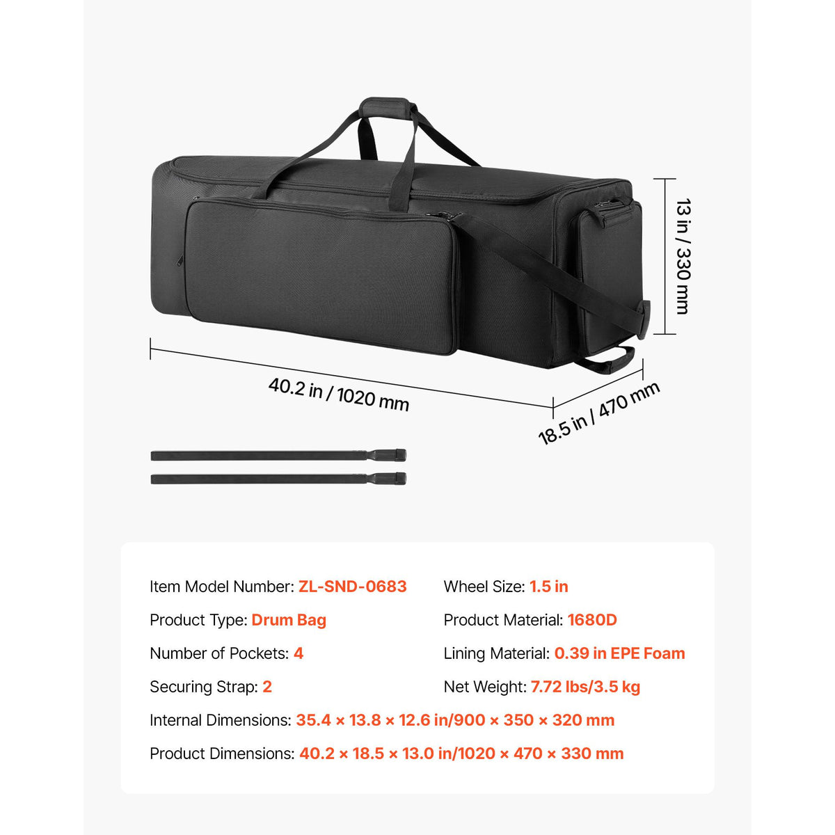 Drum Hardware Bag with Wheels, 1680D, Drum Set Equipment Carry Bag, Carrying Case with Sturdy Handle, Durable Zipper, Smooth PVC Wheels, Multiple Pockets, for Hardware and Stand Accessory, Black