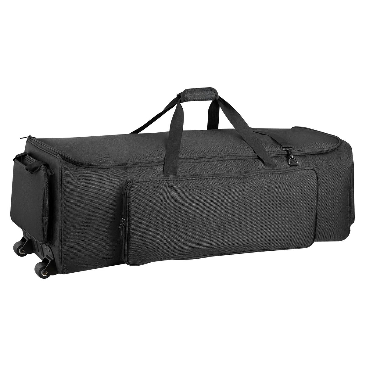 Drum Hardware Bag with Wheels, 1680D, Drum Set Equipment Carry Bag, Carrying Case with Sturdy Handle, Durable Zipper, Smooth PVC Wheels, Multiple Pockets, for Hardware and Stand Accessory, Black