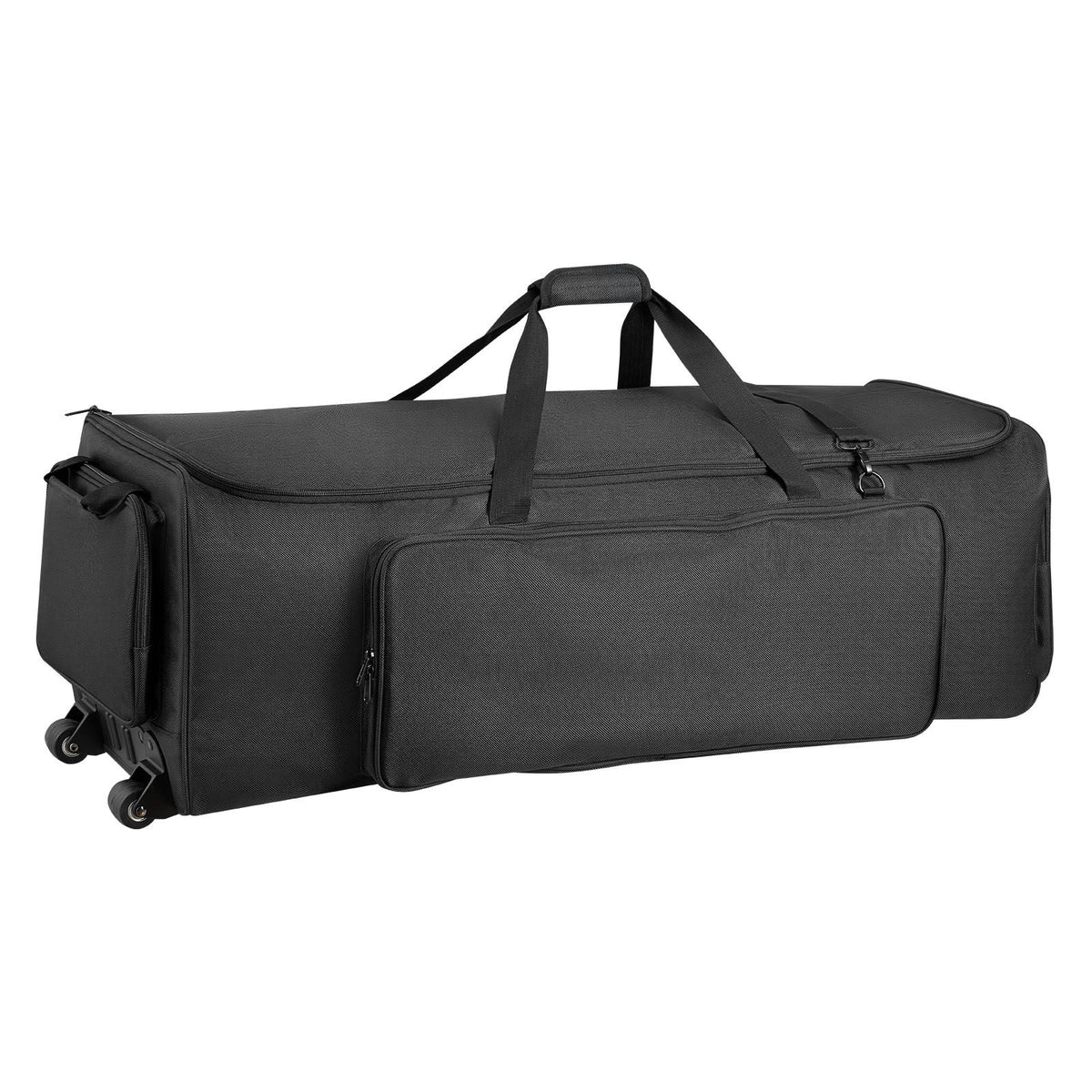 Drum Hardware Bag with Wheels, 1680D, Drum Set Equipment Carry Bag, Carrying Case with Sturdy Handle, Durable Zipper, Smooth PVC Wheels, Multiple Pockets, for Hardware and Stand Accessory, Black
