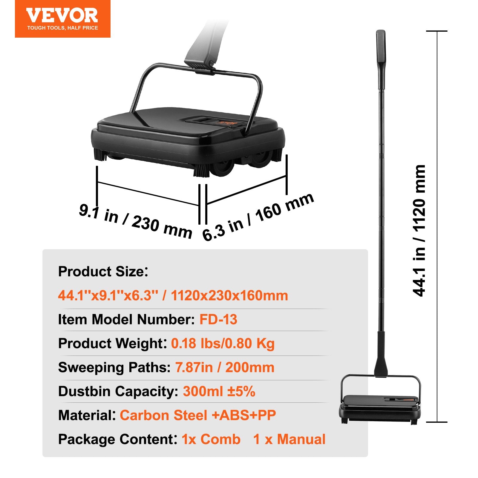 Commercial Cleaning Equipment: VEVOR Carpet Sweeper, 200 mm Sweeping Paths, Floor Sweeper Manual Non Electric, 300 ml Dustbin Capacity with Comb for Home Office Rugs Hardwood Surfaces Wood Floors Laminate, Cleans Dust Pet Hair