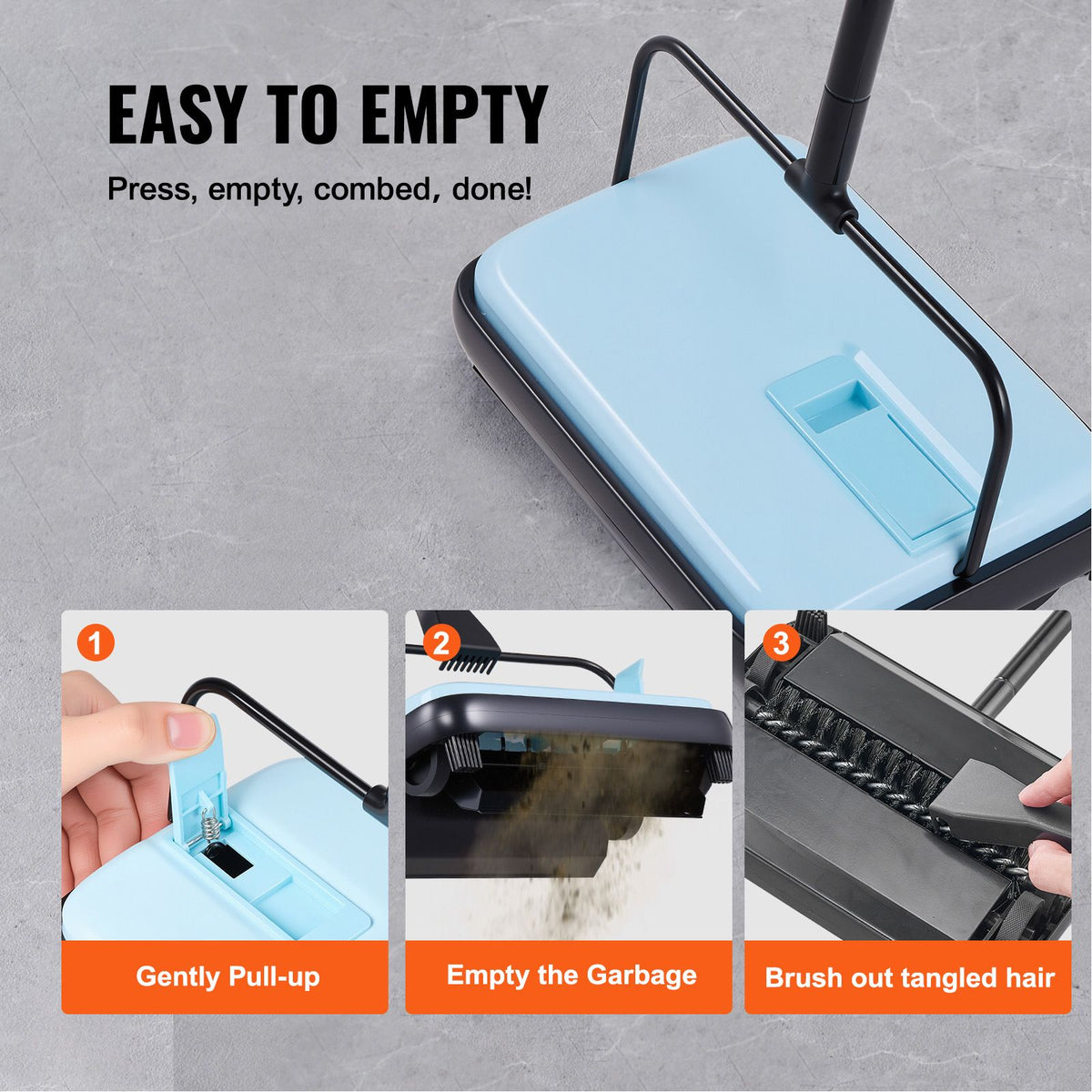 Carpet Sweeper Manual, Floor Sweeper with 300 ml Dustbin Capacity Easy to Empty, 17 cm Cleaning Width for Home Office Carpets Pet Hair Dust, Blue