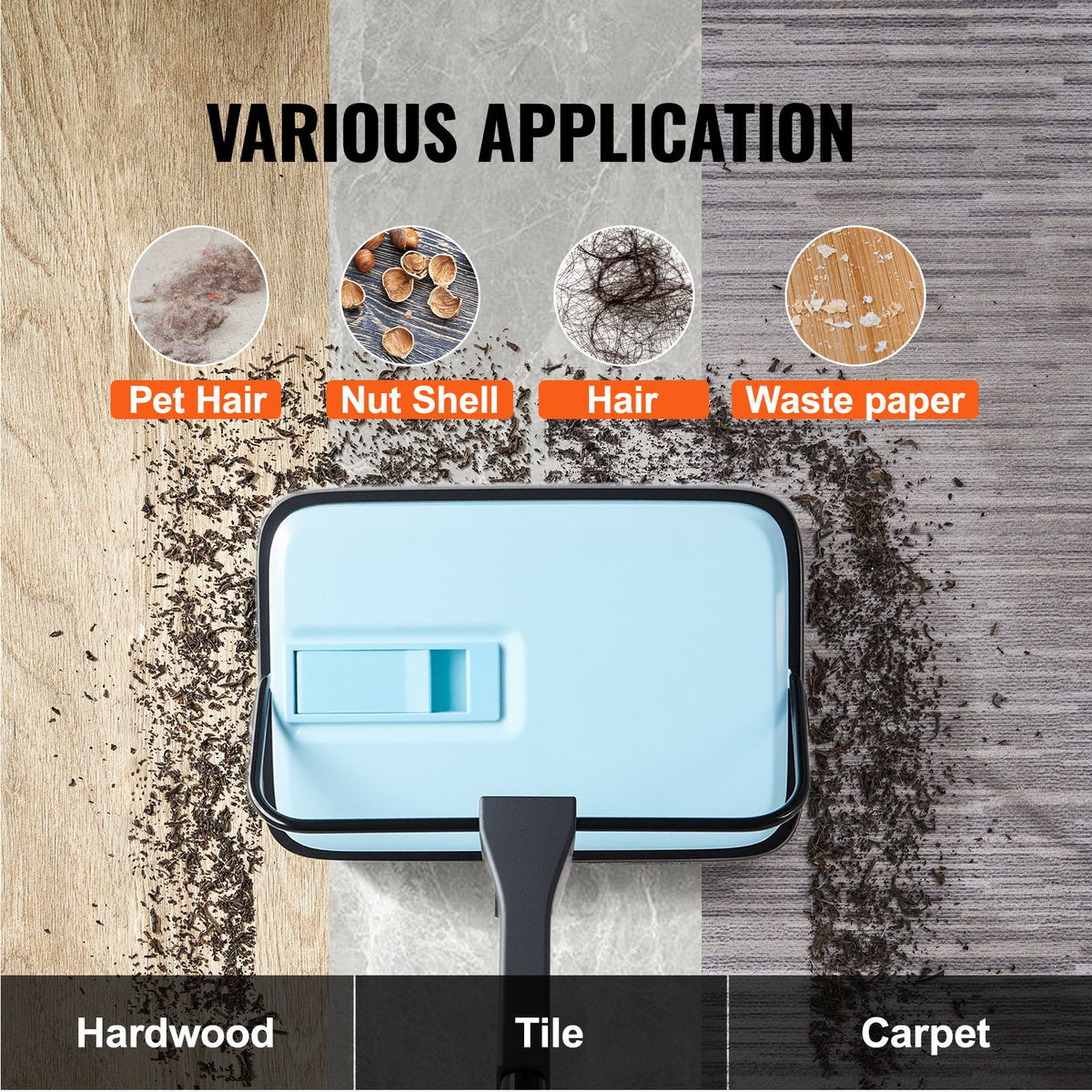 Carpet Sweeper Manual, Floor Sweeper with 300 ml Dustbin Capacity Easy to Empty, 17 cm Cleaning Width for Home Office Carpets Pet Hair Dust, Blue