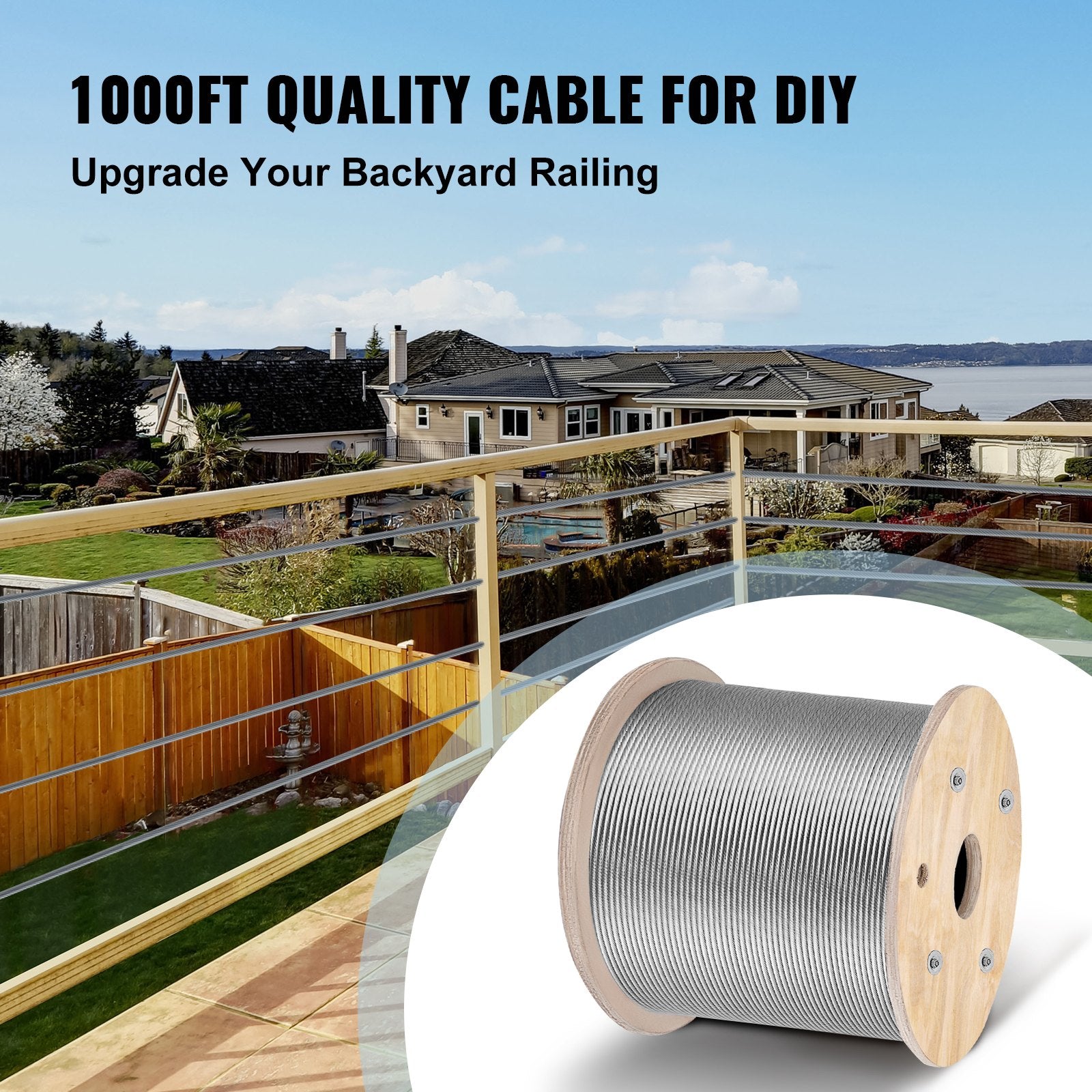Automotive Repair & Speciality Tools: VEVOR Stainless Steel Cable Railing 3/16" x 1000ft, Wire Rope 316 Marine Grade, Braided Aircraft Cable 1x19 Strands Construction for Deck,Rail,Balusters,Stair,Handrail,Porch,Fence
