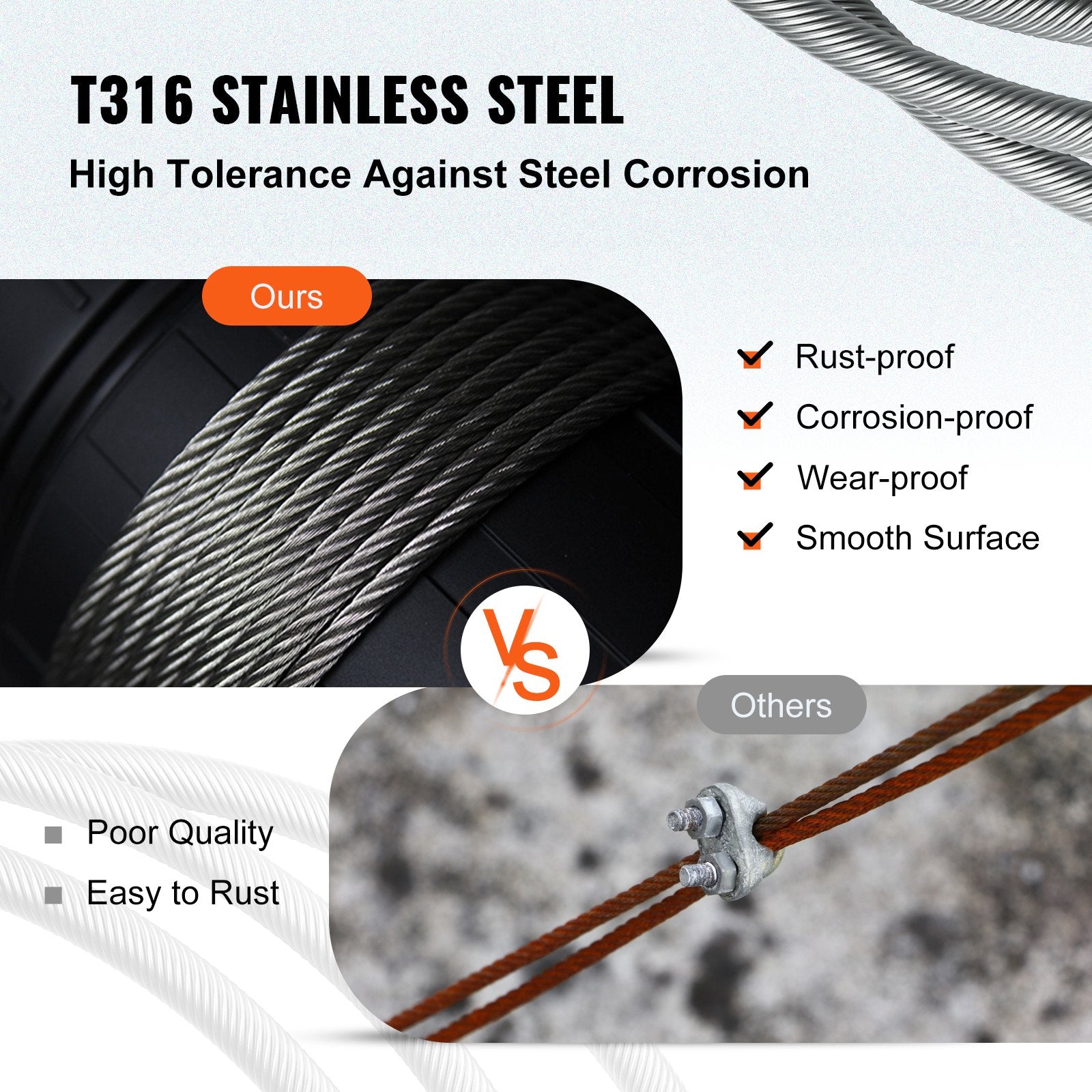 Automotive Repair & Speciality Tools: VEVOR Stainless Steel Cable Railing 3/16" x 1000ft, Wire Rope 316 Marine Grade, Braided Aircraft Cable 1x19 Strands Construction for Deck,Rail,Balusters,Stair,Handrail,Porch,Fence