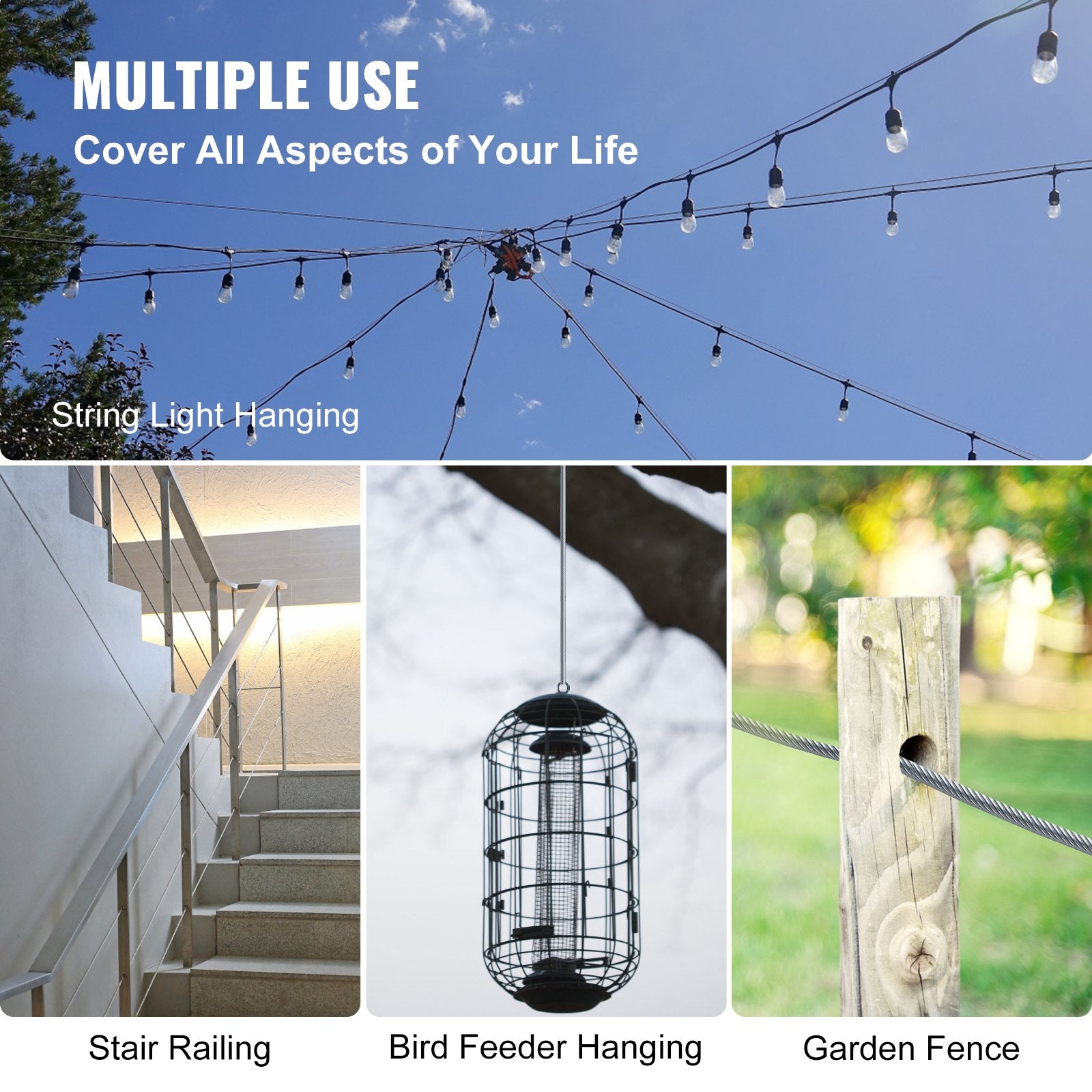 Automotive Repair & Speciality Tools: VEVOR Stainless Steel Cable Railing 3/16" x 1000ft, Wire Rope 316 Marine Grade, Braided Aircraft Cable 1x19 Strands Construction for Deck,Rail,Balusters,Stair,Handrail,Porch,Fence