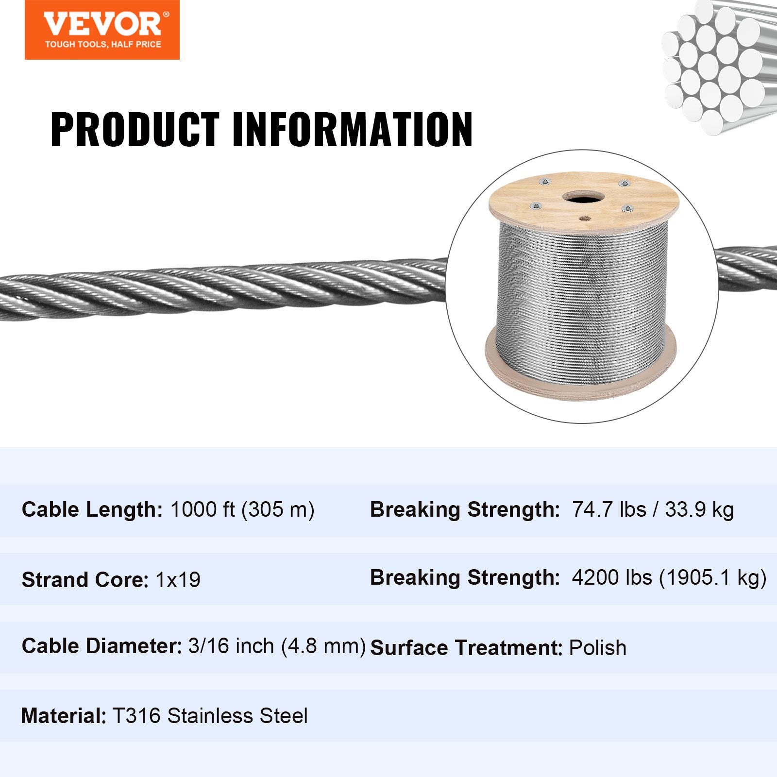 Automotive Repair & Speciality Tools: VEVOR Stainless Steel Cable Railing 3/16" x 1000ft, Wire Rope 316 Marine Grade, Braided Aircraft Cable 1x19 Strands Construction for Deck,Rail,Balusters,Stair,Handrail,Porch,Fence