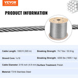 Automotive Repair & Speciality Tools: VEVOR Stainless Steel Cable Railing 3/16" x 1000ft, Wire Rope 316 Marine Grade, Braided Aircraft Cable 1x19 Strands Construction for Deck,Rail,Balusters,Stair,Handrail,Porch,Fence