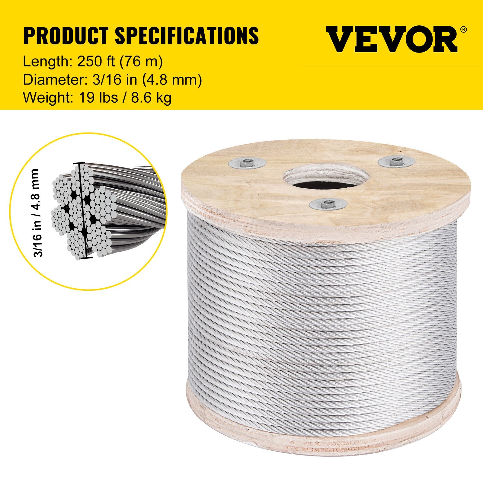 Automotive Repair & Speciality Tools: VEVOR 304 Stainless Steel Wire Rope Cable 4.8 mm 7x19 76 m reel