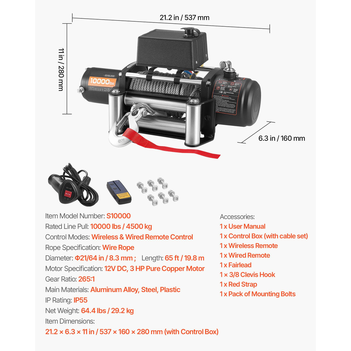 Electric Winch, 4500 kg Load Capacity, 12V DC Truck Winch with Φ8.3 mm x 19.8 m Steel Rope, Wireless & Wired Remote Control, IP55 Waterproof for Towing SUV Jeep Trailer Boat Off-Road Vehicle