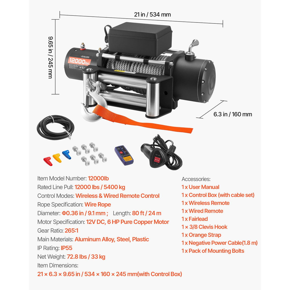 Electric Winch, 5400 kg Load Capacity, 12V DC Truck Winch with Φ9.1 mm x 24 m Steel Rope, Wireless & Wired Remote Control, IP55 Waterproof for Towing SUV Jeep Trailer Boat Off-Road Vehicle