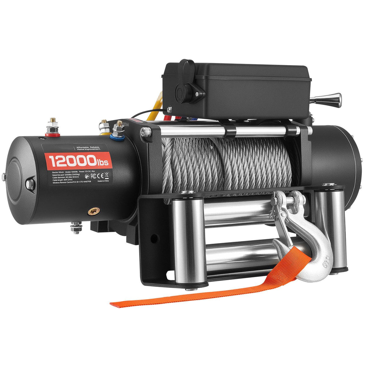 Electric Winch, 5400 kg Load Capacity, 12V DC Truck Winch with Φ9.1 mm x 24 m Steel Rope, Wireless & Wired Remote Control, IP55 Waterproof for Towing SUV Jeep Trailer Boat Off-Road Vehicle