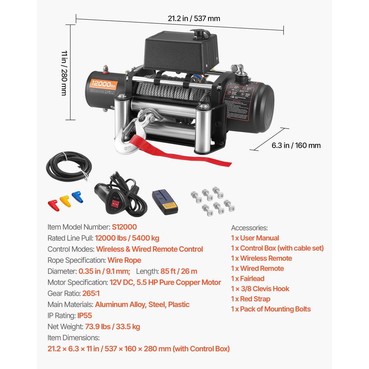 Electric Winch, 5400 kg Load Capacity, 12V DC Truck Winch with Φ9.1 mm x 26 m Steel Rope, Wireless & Wired Remote Control, Suitable for Towing SUV Jeep Trailer Boat Off-Road Vehicle