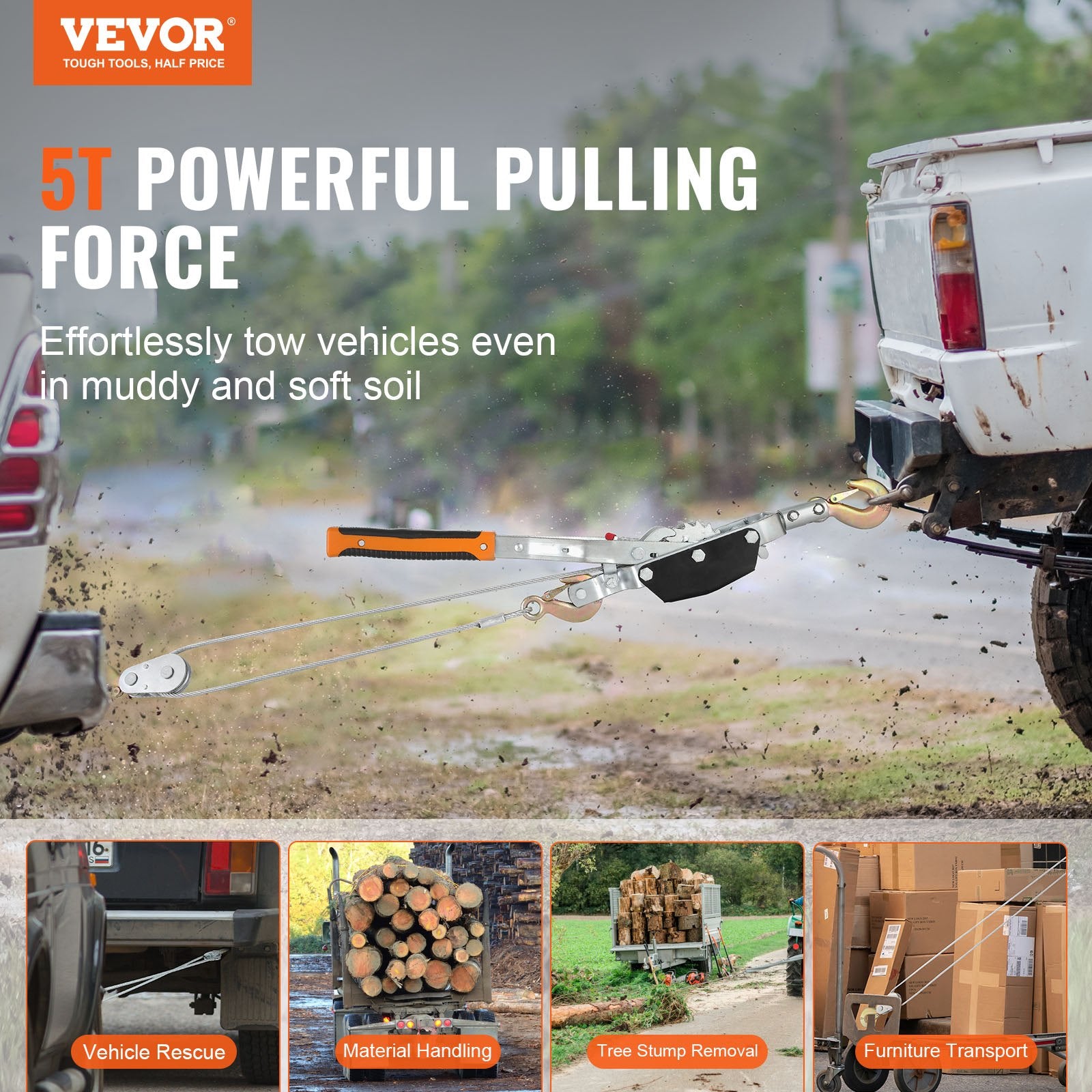 Gardening Tools: VEVOR Come Along Winch, 5 Ton Max Pulling Capacity, 3.5 m Steel Cable, 3 Hooks, Heavy Duty Ratchet Power Puller Tool with Dual Gears, Automotive Hoist Cable Puller Ideal for Vehicle Rescue