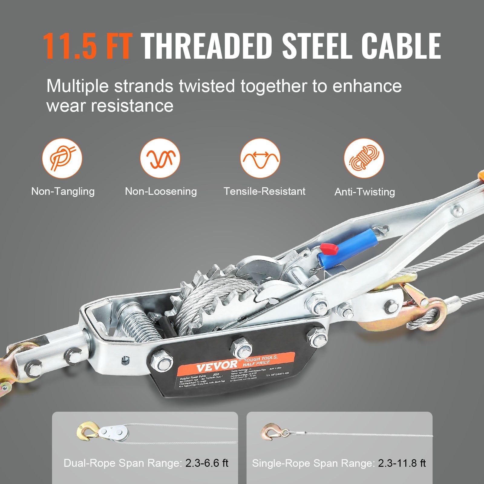 Gardening Tools: VEVOR Come Along Winch, 5 Ton Max Pulling Capacity, 3.5 m Steel Cable, 3 Hooks, Heavy Duty Ratchet Power Puller Tool with Dual Gears, Automotive Hoist Cable Puller Ideal for Vehicle Rescue