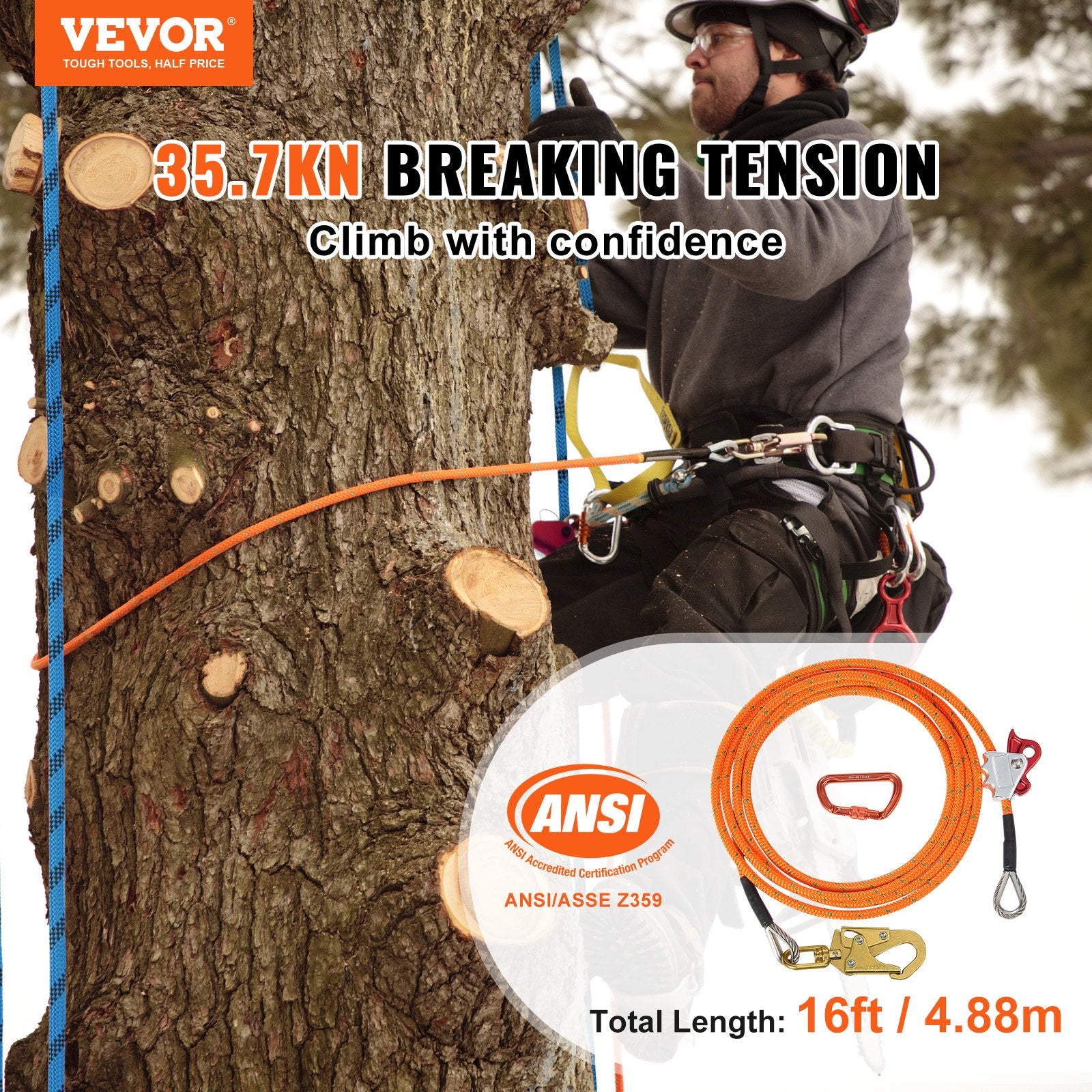 Building Materials: VEVOR 12.7mm Steel Core Flipline, 16ft(4.8m)Arborist Flipline for Tree Climbing with Alloy Steel Snap Hook & Aluminum Alloy Carabiner, 30KN Breaking Tension for Fall Protection, Tree Climber