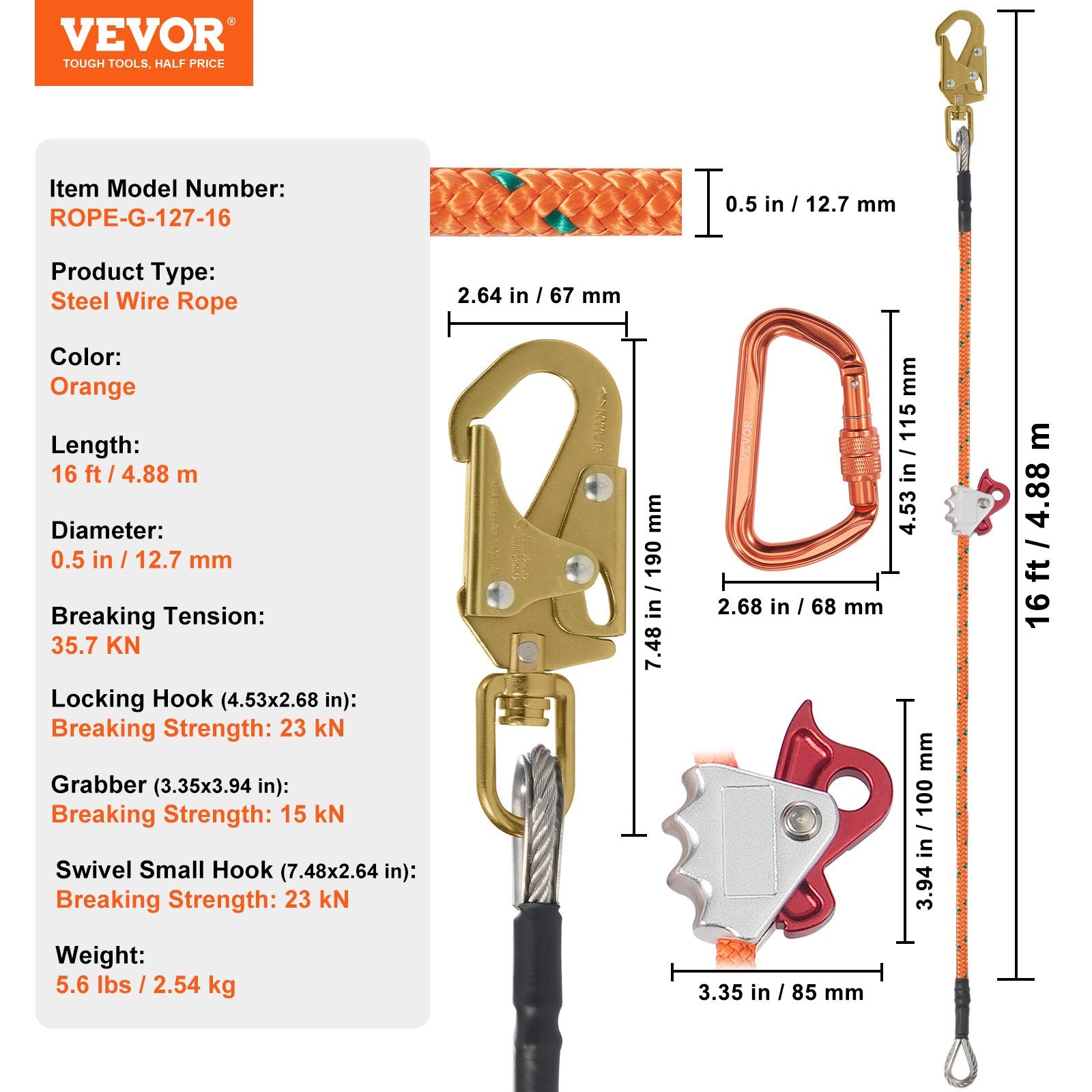 Building Materials: VEVOR 12.7mm Steel Core Flipline, 16ft(4.8m)Arborist Flipline for Tree Climbing with Alloy Steel Snap Hook & Aluminum Alloy Carabiner, 30KN Breaking Tension for Fall Protection, Tree Climber