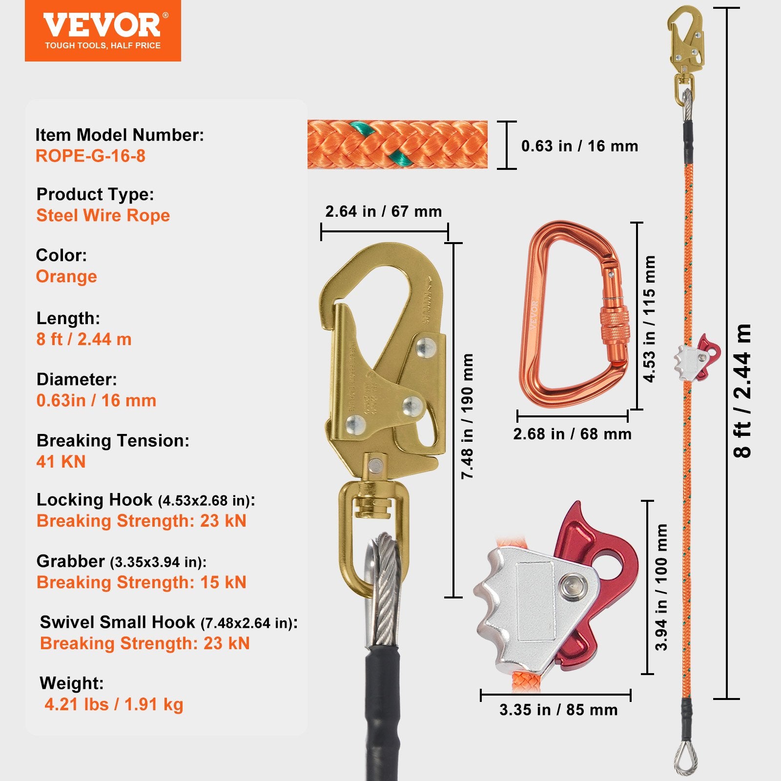 Outdoor Play Equipment: VEVOR 16mm Steel Core Flipline 8ft(2.4m) Arborist Flipline for Fall Protection