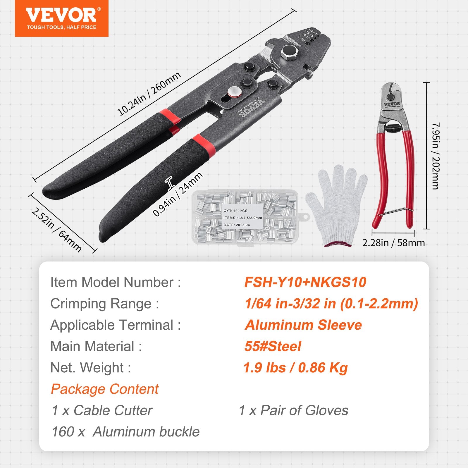 Cutters: VEVOR Crimping Tool, Up To 2.2mm Wire Rope Crimping Tool, Crimping Loop Sleeve Kit with a Cable Cutter and 160pcs Aluminum Buckles, Teflon Coating Anti-Rust Fishing Crimping Tool