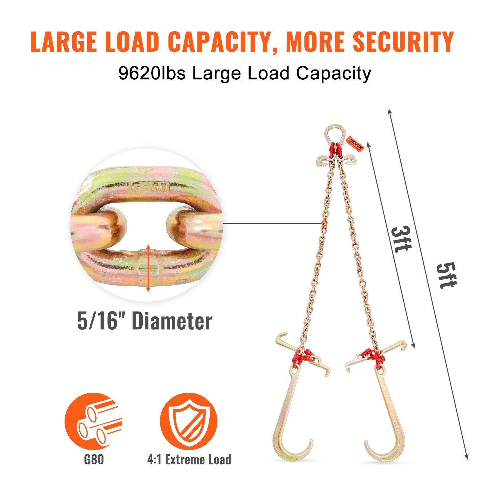 Building Materials: VEVOR V-Chain Bridle, 4364 kg Working Load Limit, 8 x 914.4 mm G80 Tow Chain with RTJ Cluster Hooks, DOT Certified, Galvanized Coating Manganese Steel & D-Shackle, for Lifting & Moving Activities