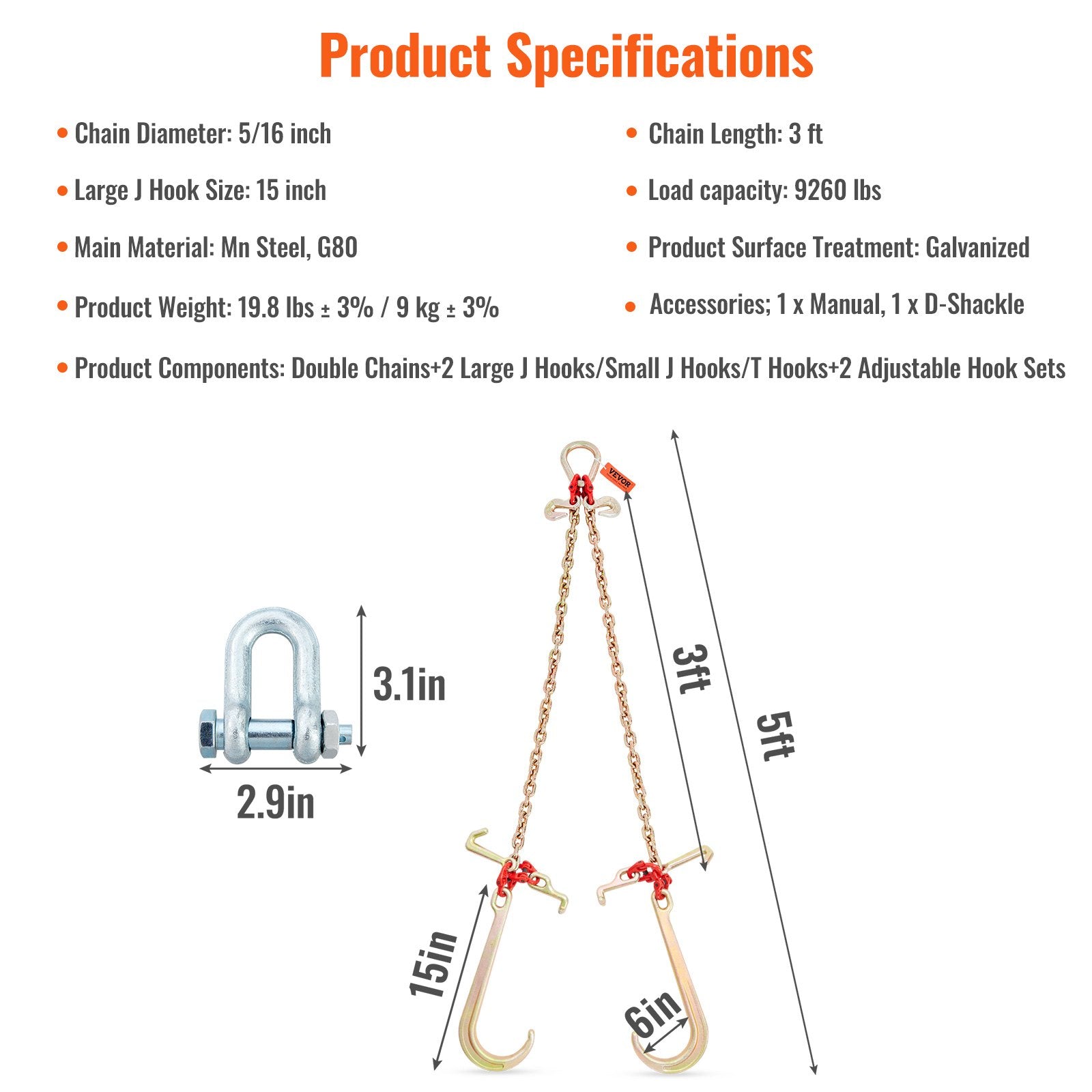 Building Materials: VEVOR V-Chain Bridle, 4364 kg Working Load Limit, 8 x 914.4 mm G80 Tow Chain with RTJ Cluster Hooks, DOT Certified, Galvanized Coating Manganese Steel & D-Shackle, for Lifting & Moving Activities