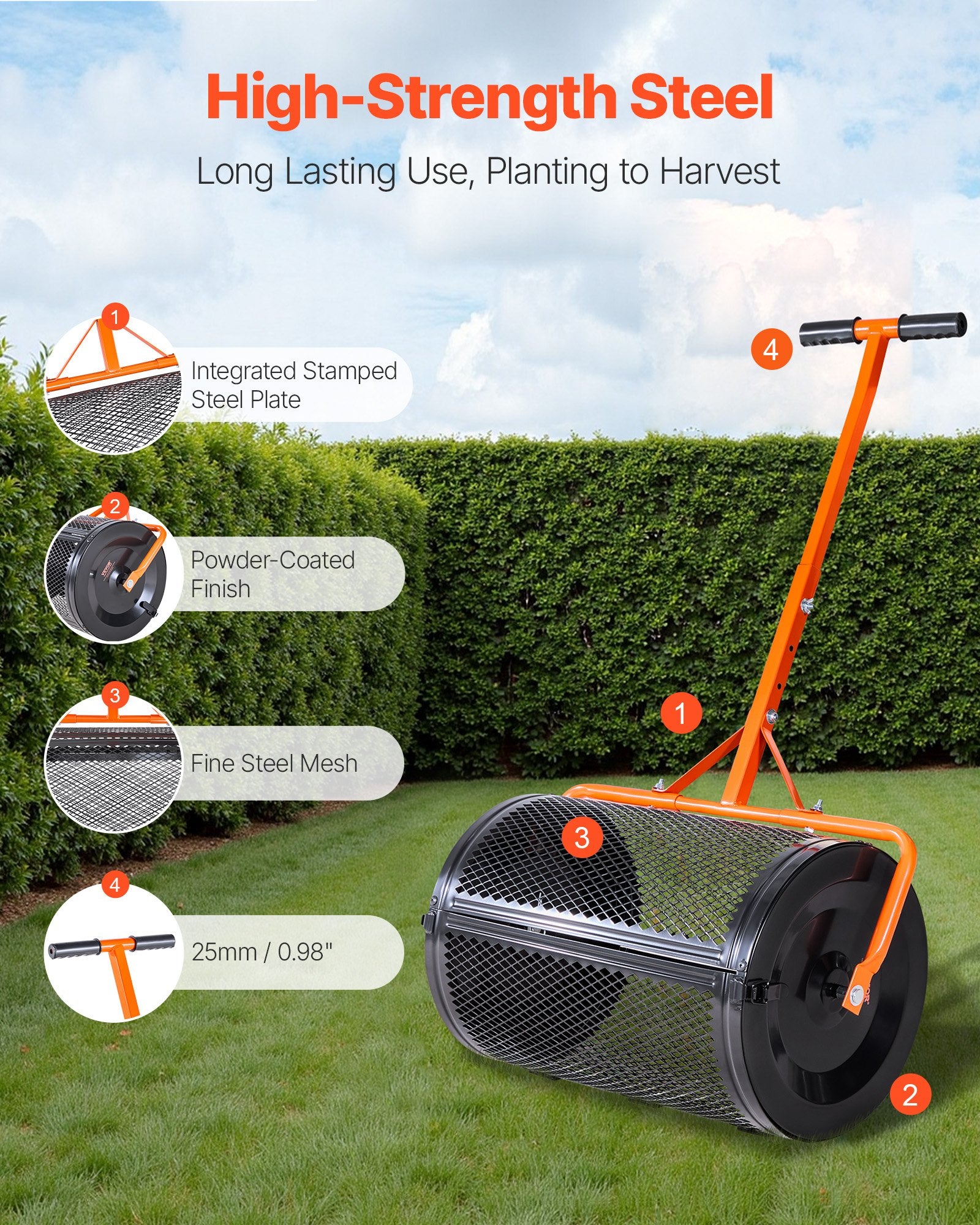 Coasters: VEVOR Compost Spreader, 24 in Wide Peat Moss Spreader with T Shaped Handle, 3 Heights Adjustable, Powder-Coated Steel Garden Peat Moss Roller, Heavy Duty Grass Seed Spreaders for Planting Seeding