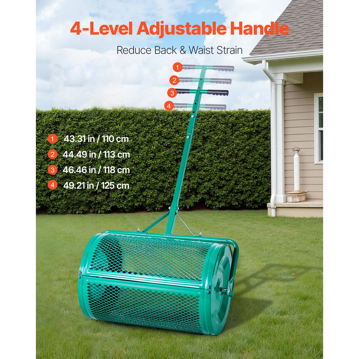 Compost Spreader, 24 in Wide Peat Moss Spreader with Push/Tow Handle, 4 Heights Adjustable, Powder-Coated Steel Garden Peat Moss Roller, Heavy Duty Grass Seed Spreaders for Planting Seeding