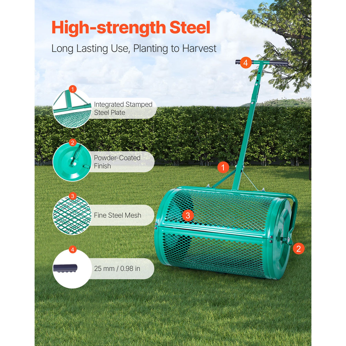 Compost Spreader, 24 in Wide Peat Moss Spreader with Push/Tow Handle, 4 Heights Adjustable, Powder-Coated Steel Garden Peat Moss Roller, Heavy Duty Grass Seed Spreaders for Planting Seeding