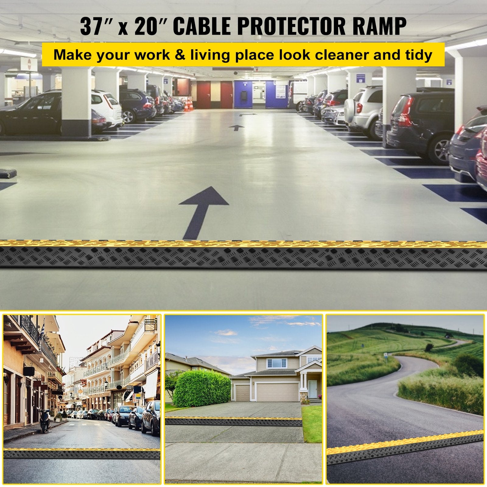 Traffic Control & Parking Tools: VEVOR Rubber Cable Guard, 3-Channel, 2 x 2.3 in - Durable Cord Protection Ramp for Driveways, 6600 lbs Capacity