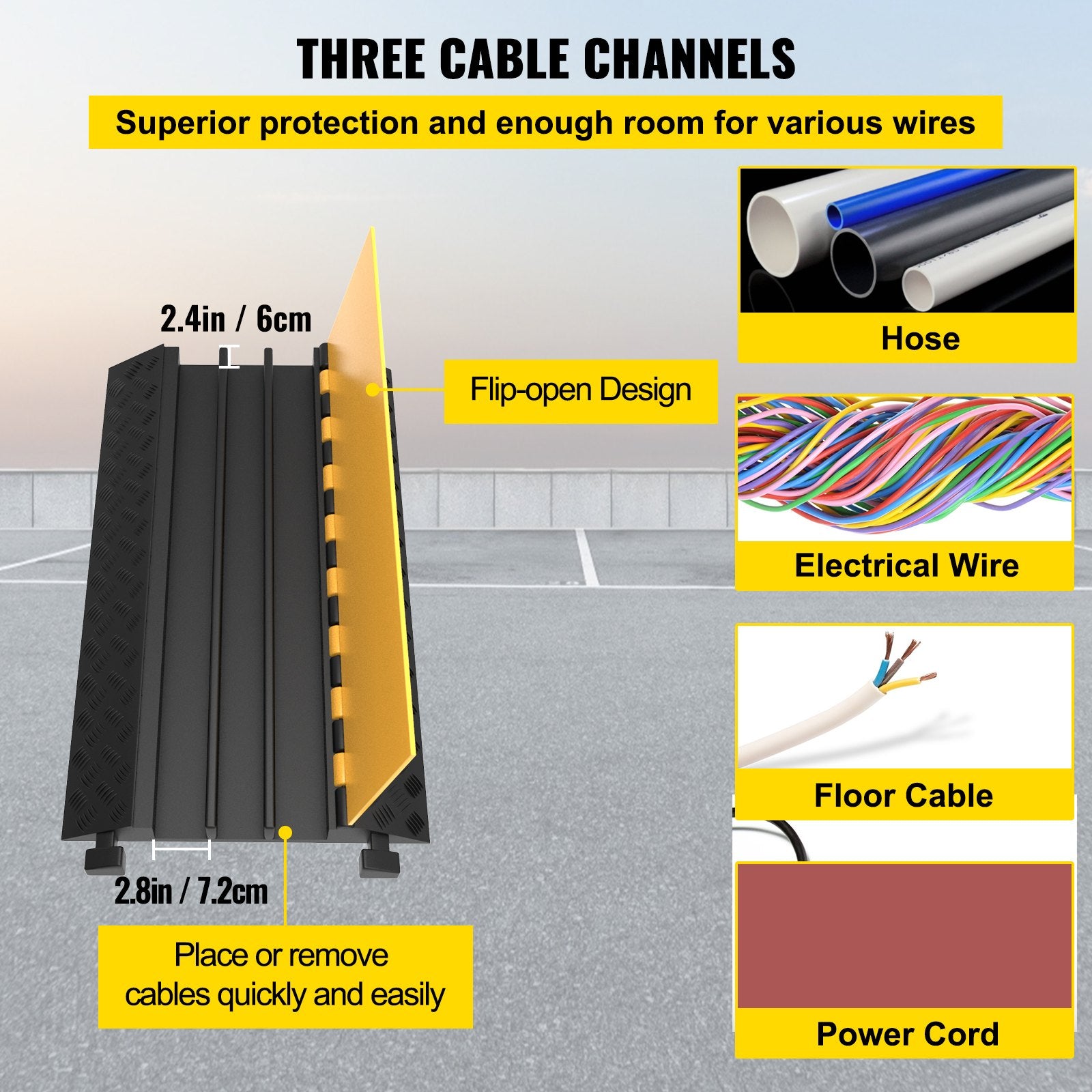Traffic Control & Parking Tools: VEVOR Rubber Cable Guard, 3-Channel, 2 x 2.3 in - Durable Cord Protection Ramp for Driveways, 6600 lbs Capacity