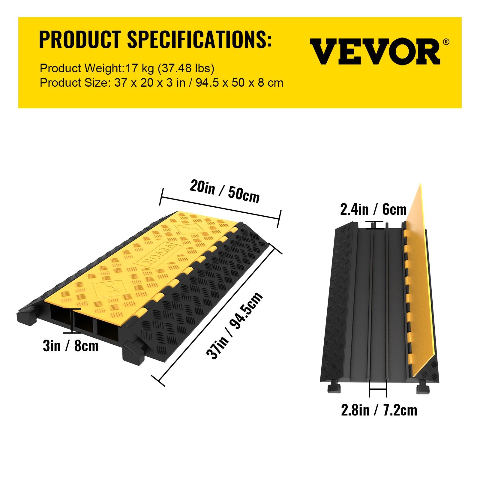 Traffic Control & Parking Tools: VEVOR Rubber Cable Guard, 3-Channel, 2 x 2.3 in - Durable Cord Protection Ramp for Driveways, 6600 lbs Capacity
