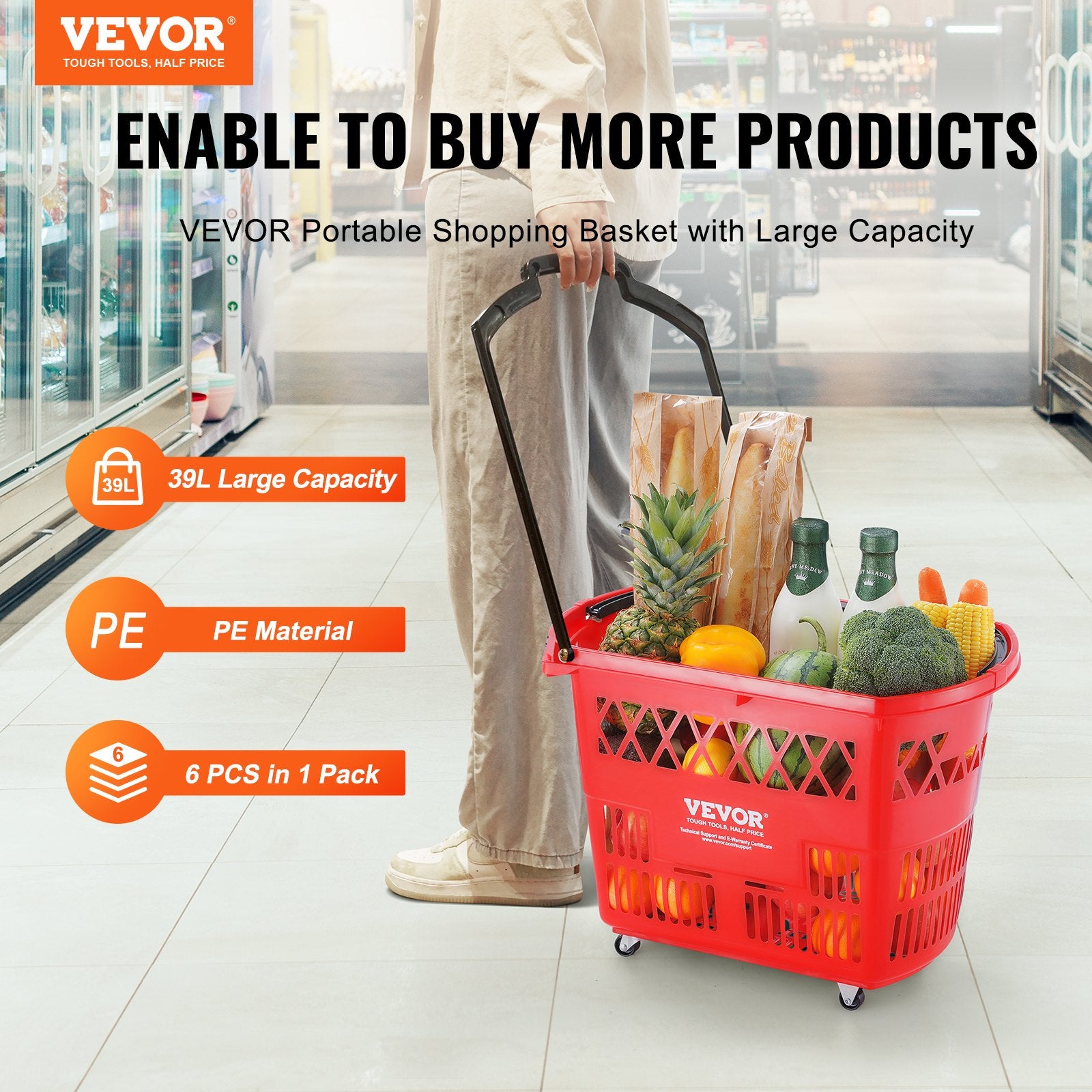 Shopping Baskets, 6PCS, 39L Shopping Carts with Handles, Plastic Rolling Shopping Basket with Wheels, Large Portable Shopping Basket Set for Supermarkets, Retail Stores, Grocery Shopping, Red