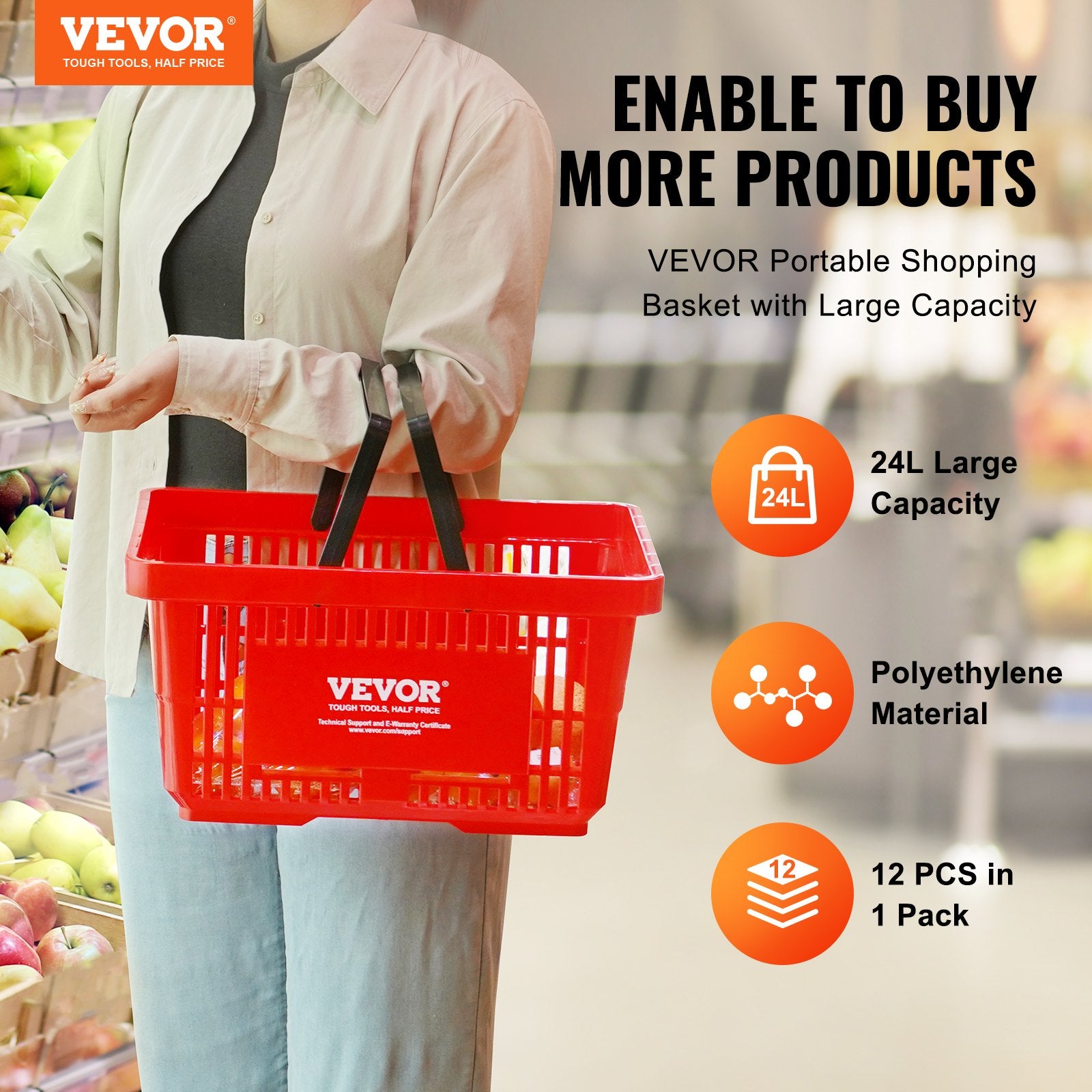 Food Storage: VEVOR Shopping Basket, Set of 12, 24L Durable Plastic Grocery Basket with Handle and Stand, 425 x 295 x 225 mm Portable Shop Basket Bulk Used for Retail Store, Supermarket, and Grocery Shopping, Red