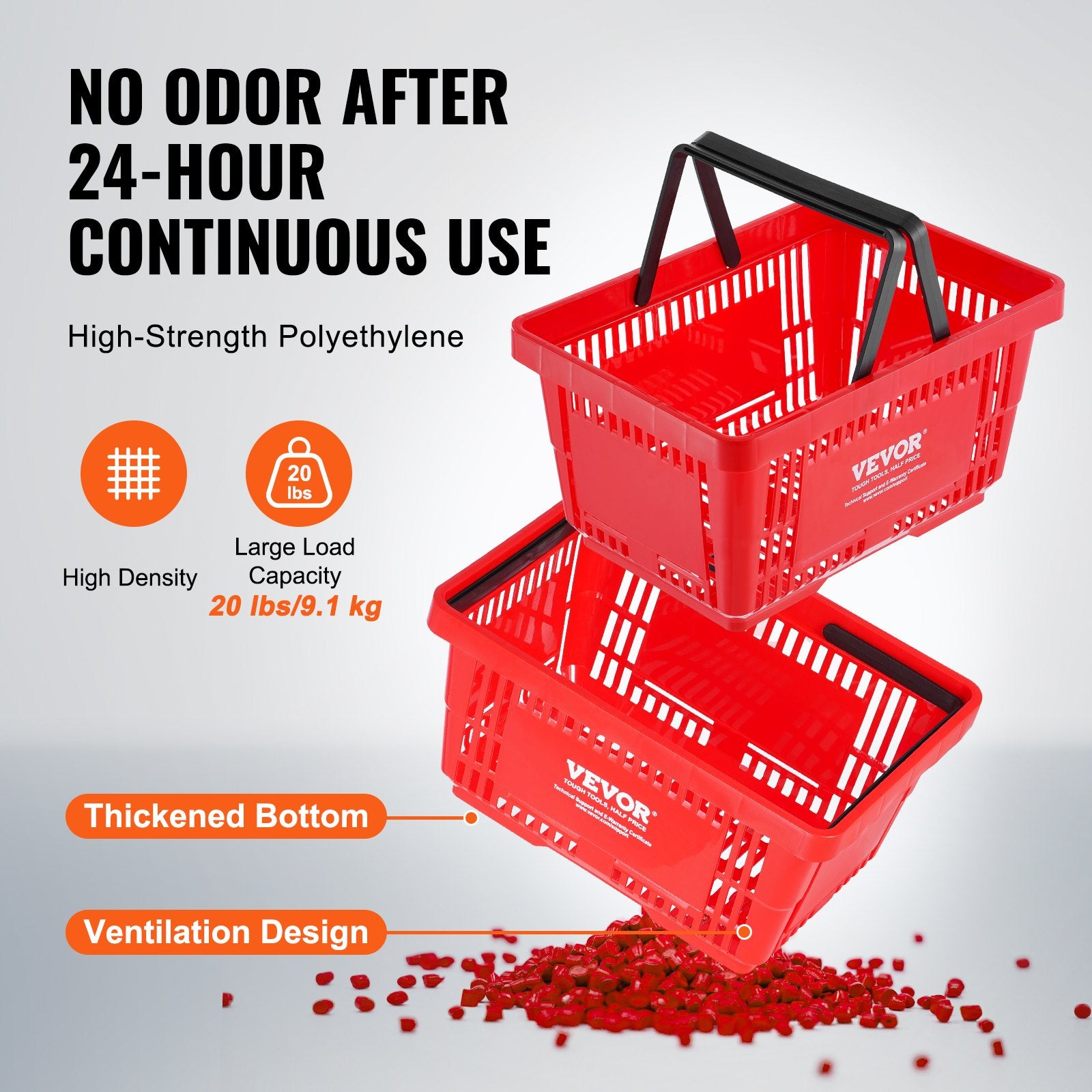Food Storage: VEVOR Shopping Basket, Set of 12, 24L Durable Plastic Grocery Basket with Handle and Stand, 425 x 295 x 225 mm Portable Shop Basket Bulk Used for Retail Store, Supermarket, and Grocery Shopping, Red