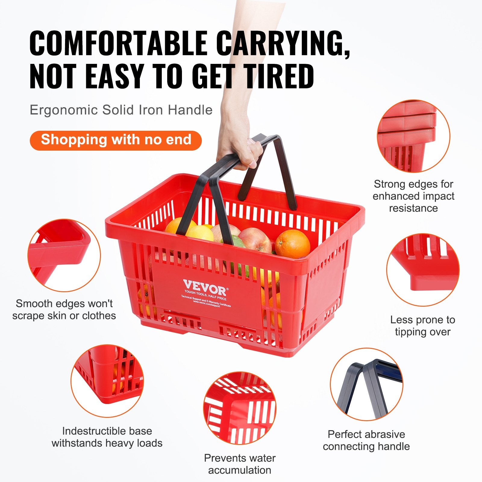 Food Storage: VEVOR Shopping Basket, Set of 12, 24L Durable Plastic Grocery Basket with Handle and Stand, 425 x 295 x 225 mm Portable Shop Basket Bulk Used for Retail Store, Supermarket, and Grocery Shopping, Red