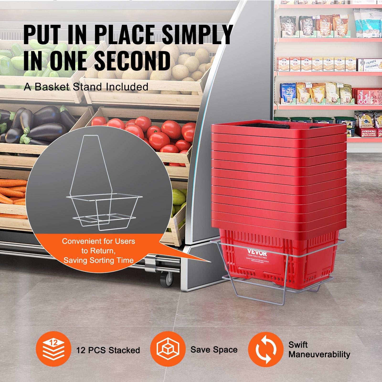 Food Storage: VEVOR Shopping Basket, Set of 12, 24L Durable Plastic Grocery Basket with Handle and Stand, 425 x 295 x 225 mm Portable Shop Basket Bulk Used for Retail Store, Supermarket, and Grocery Shopping, Red