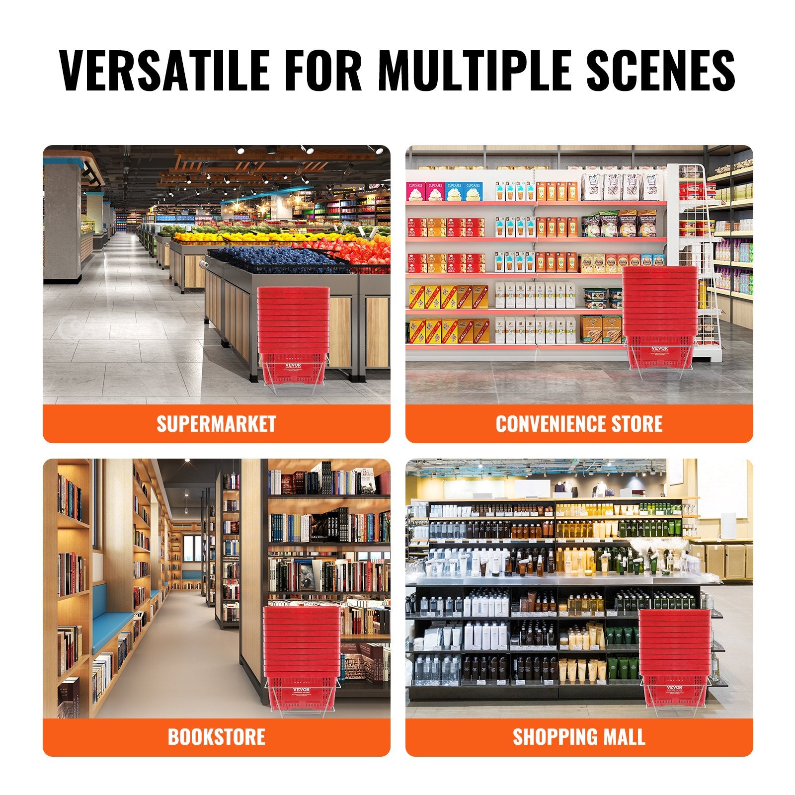 Food Storage: VEVOR Shopping Basket, Set of 12, 24L Durable Plastic Grocery Basket with Handle and Stand, 425 x 295 x 225 mm Portable Shop Basket Bulk Used for Retail Store, Supermarket, and Grocery Shopping, Red
