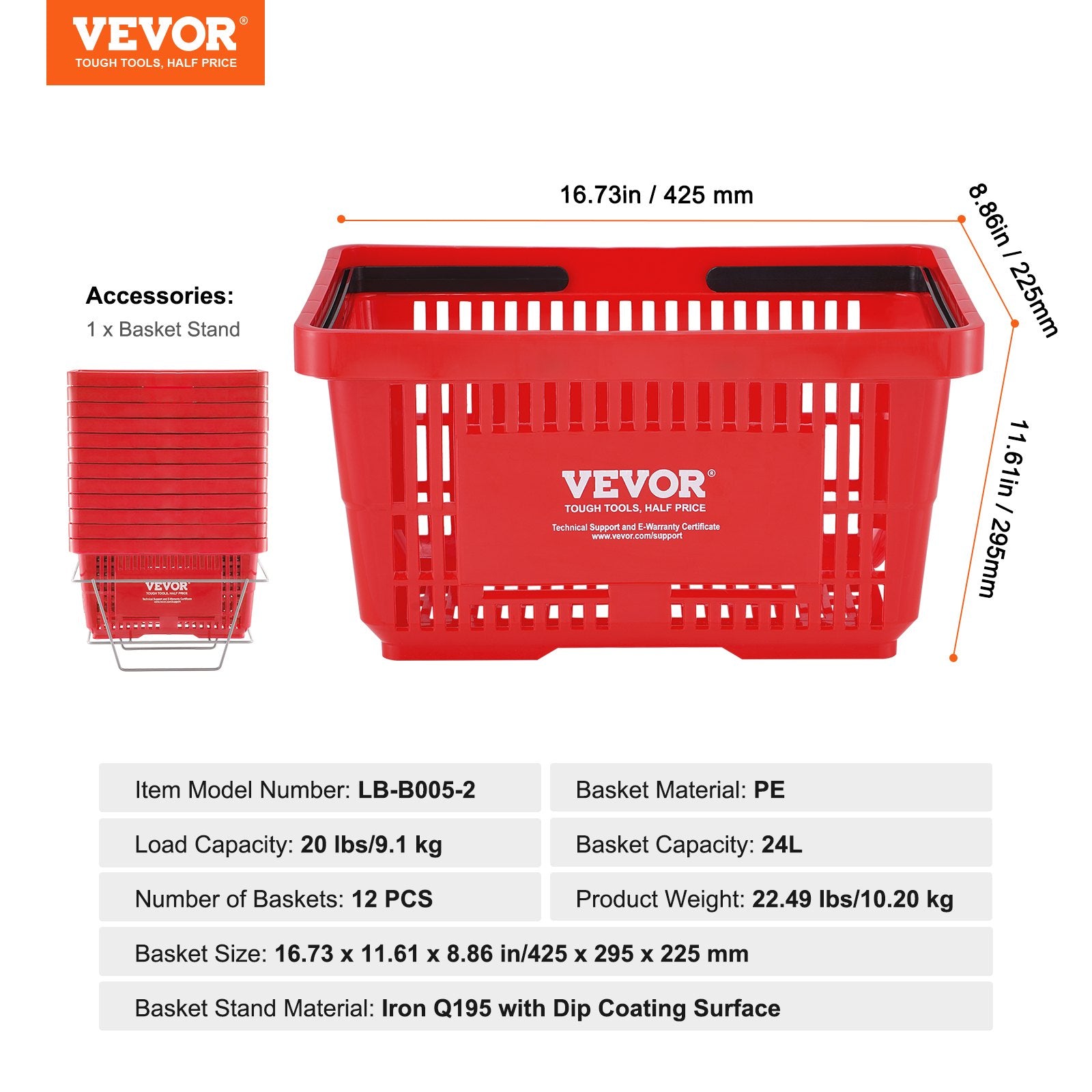 Food Storage: VEVOR Shopping Basket, Set of 12, 24L Durable Plastic Grocery Basket with Handle and Stand, 425 x 295 x 225 mm Portable Shop Basket Bulk Used for Retail Store, Supermarket, and Grocery Shopping, Red