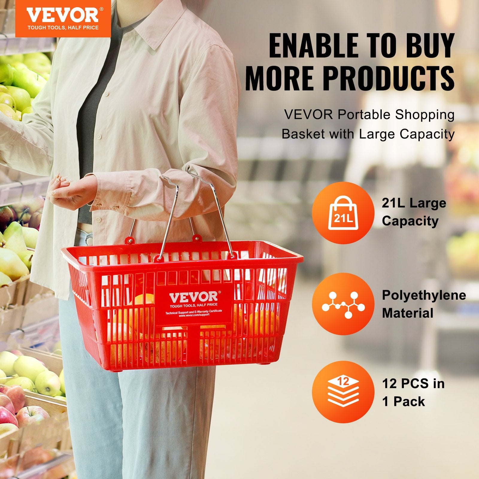 Food Storage: VEVOR Shopping Basket, Set of 12, 21L Durable Plastic Grocery Basket with Metal Handle and Stand, 425 x 305 x 218 mm Portable Shop Basket Bulk Used for Retail Store Supermarket Grocery Shopping, Red