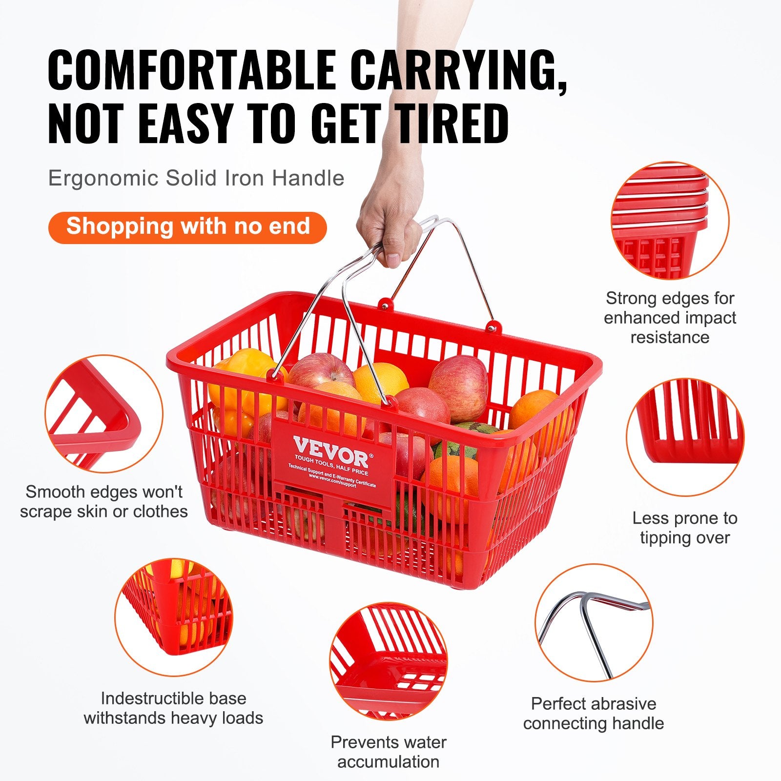 Food Storage: VEVOR Shopping Basket, Set of 12, 21L Durable Plastic Grocery Basket with Metal Handle and Stand, 425 x 305 x 218 mm Portable Shop Basket Bulk Used for Retail Store Supermarket Grocery Shopping, Red