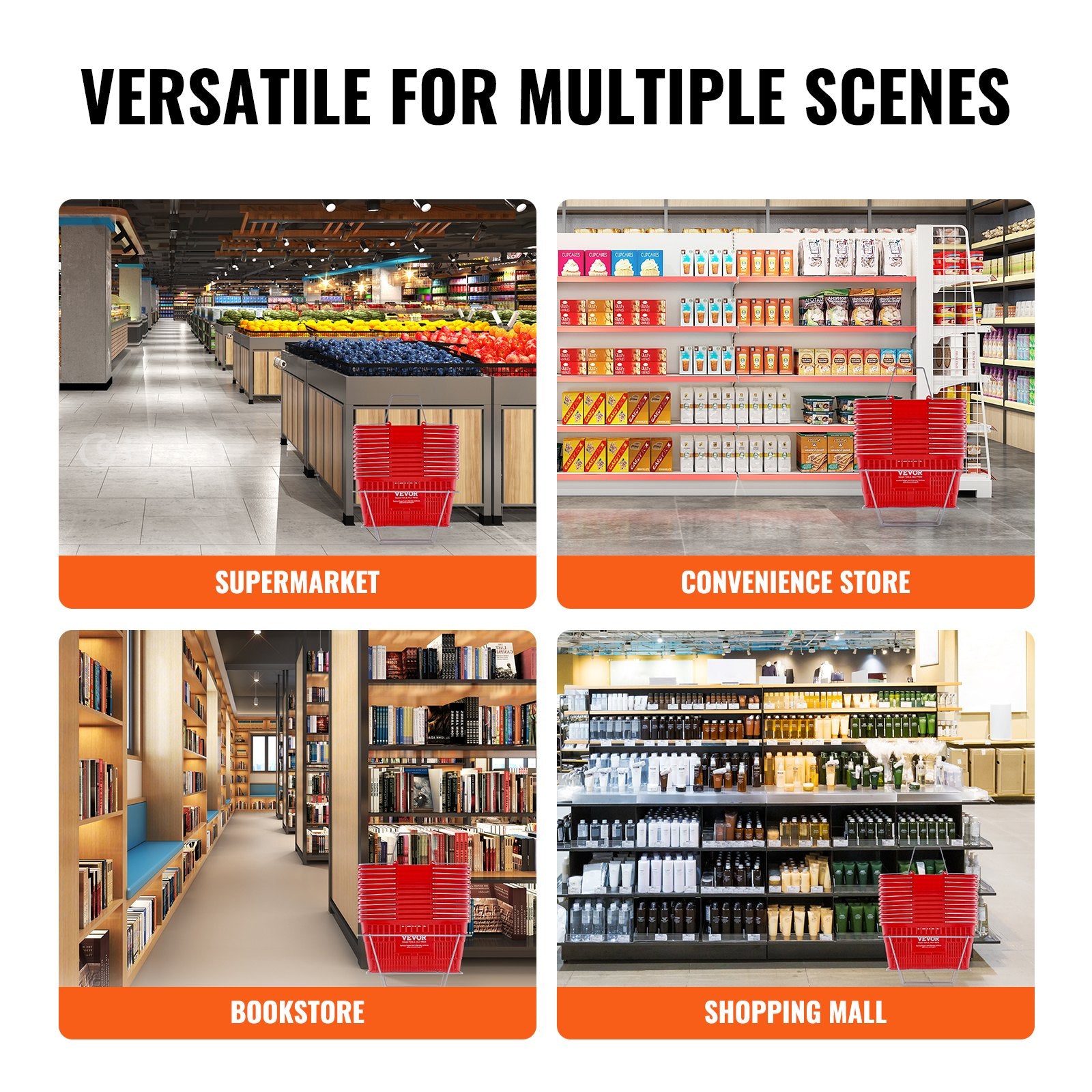 Food Storage: VEVOR Shopping Basket, Set of 12, 21L Durable Plastic Grocery Basket with Metal Handle and Stand, 425 x 305 x 218 mm Portable Shop Basket Bulk Used for Retail Store Supermarket Grocery Shopping, Red