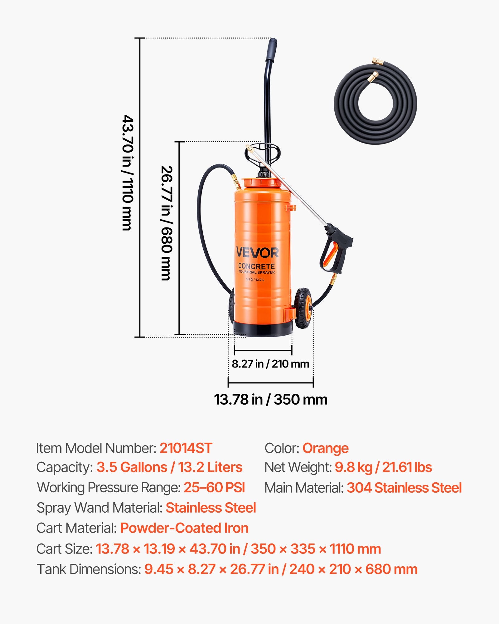 Salt & Pepper Shakers: VEVOR Industrial Concrete Sprayer with Wheeled Cart, 14L Stainless Steel Sprayer, Heavy Duty Tri-Poxy Pump Sprayers, 52cm Wand, 1.2m & 3m Hoses, 2 Brass Nozzles for Construction, Lawn & Garden