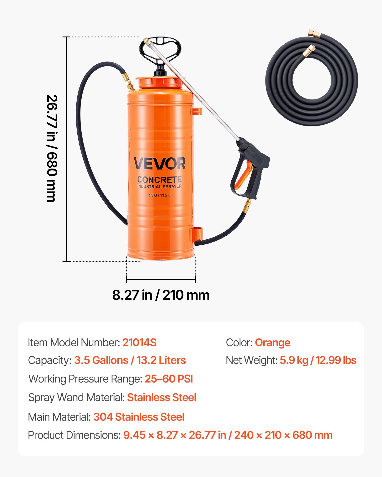 Salt & Pepper Shakers: VEVOR Industrial Concrete Sprayer, 14L Stainless Steel Sprayer, Heavy Duty Tri-Poxy Pump Sprayers, 52cm Wand with Ergonomic Gun Handle, 1.2m & 3m Hoses, 2 Brass Nozzles for Construction, Garden
