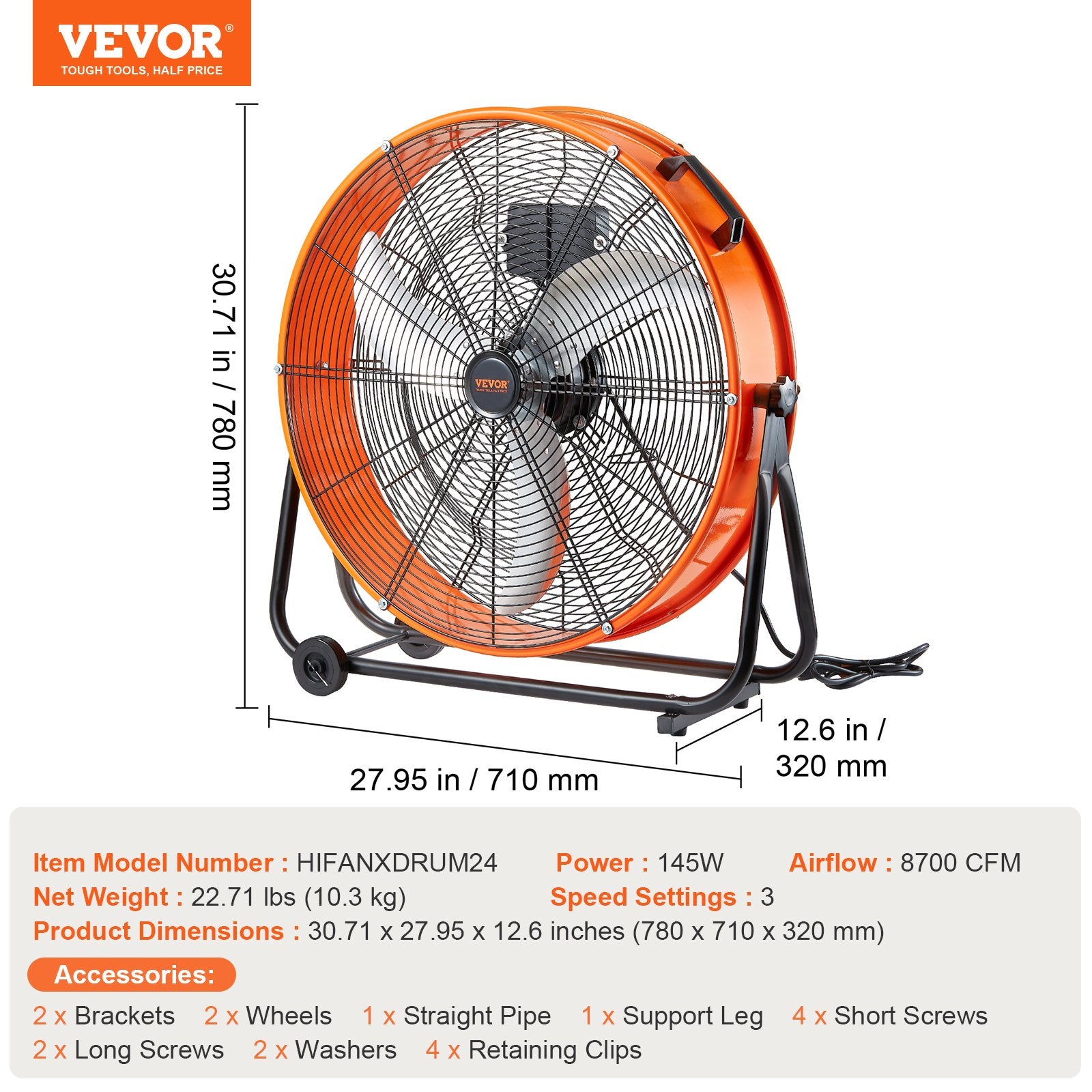 Desktops & Accessories: VEVOR Drum Fan 24 Inch High Velocity Industrial Use 3-Speed Timer for Warehouse