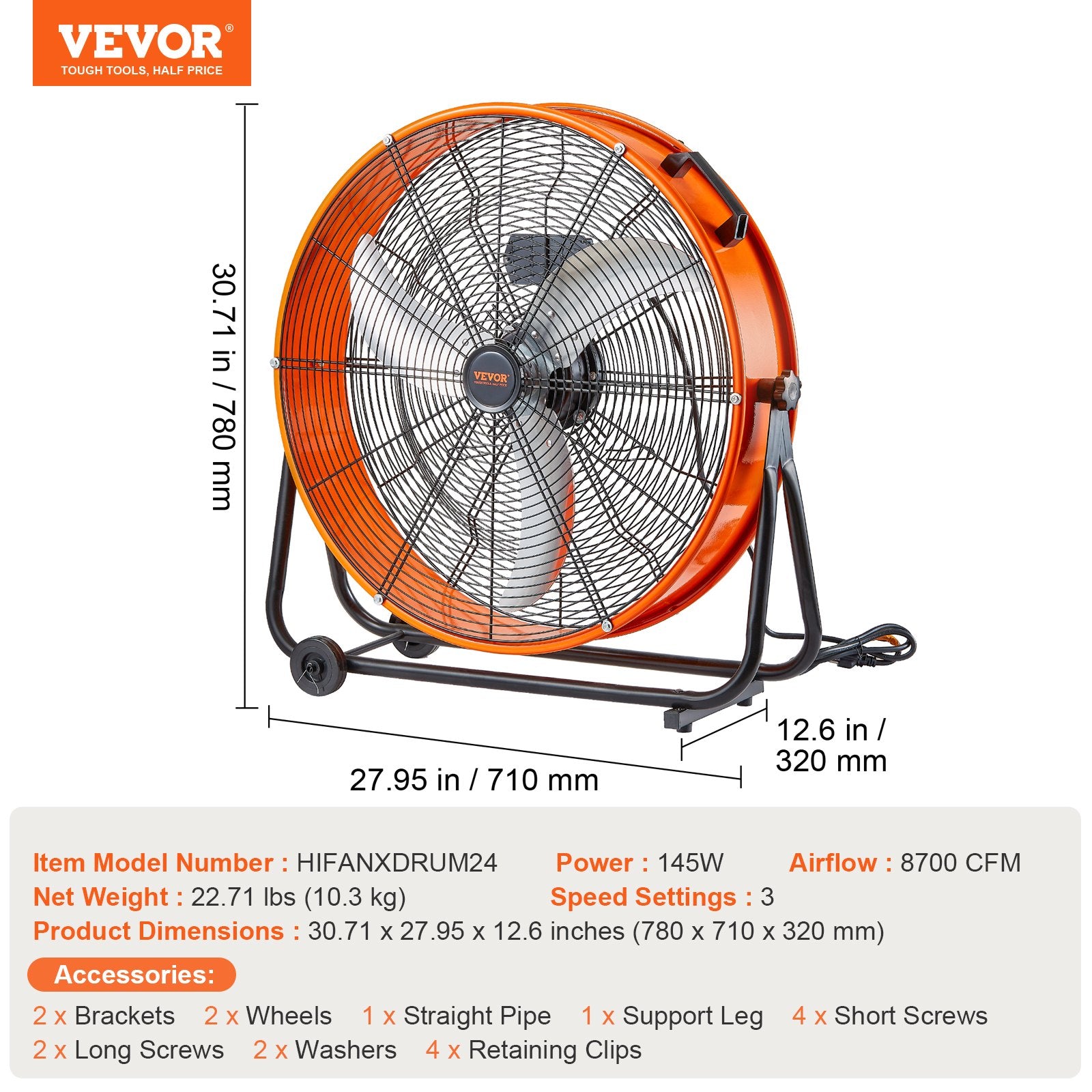 Air Compressors Accessories: VEVOR Drum Fan 24 Inch High Velocity Industrial Use 3-Speed 8600CFM for Warehouse