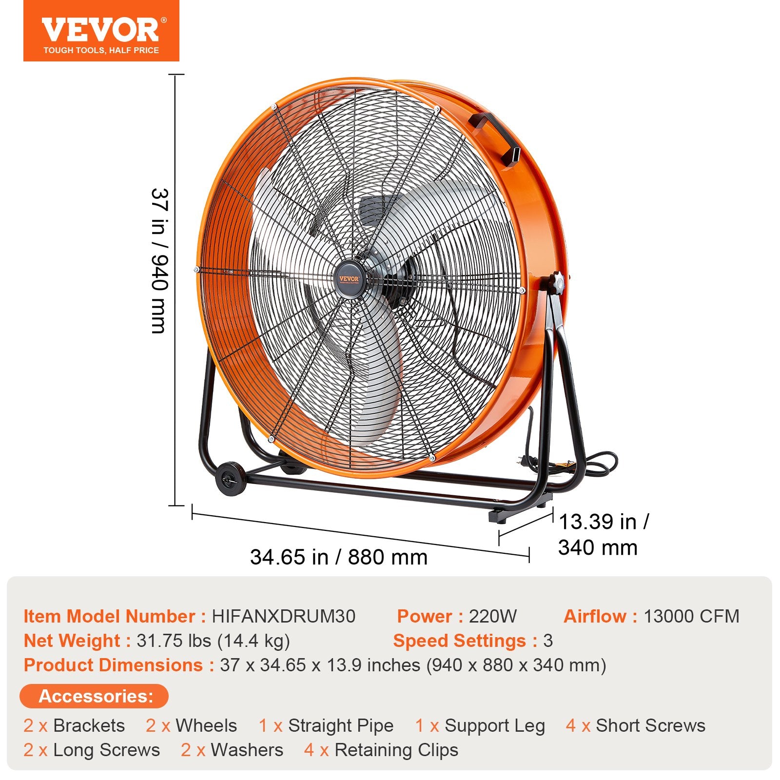 Desktops & Accessories: VEVOR Drum Fan 30 Inch High Velocity Industrial Use 3-Speed 13000CFM for Warehouse
