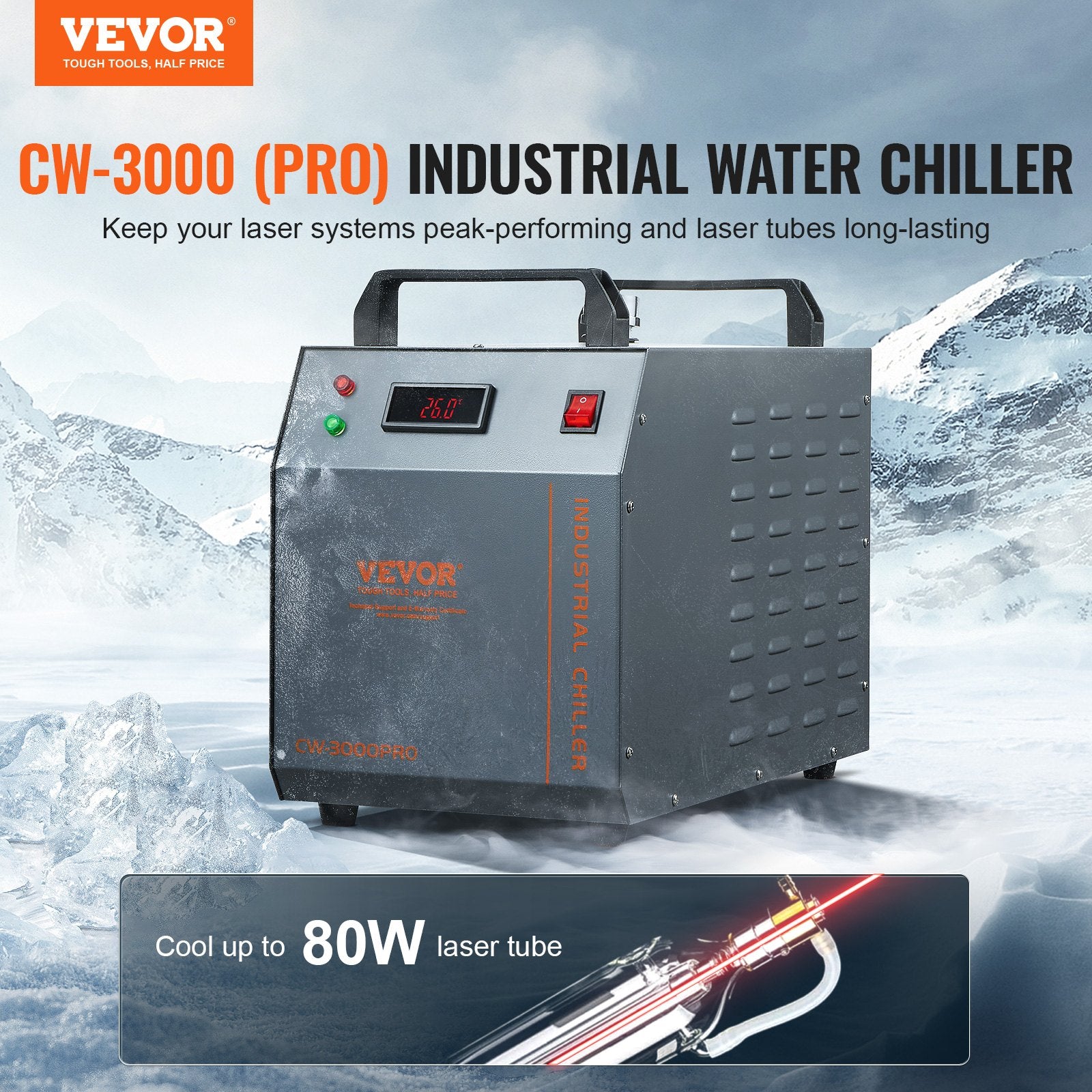Camping Appliances: VEVOR Industrial Water Chiller, CW-3000(PRO), 150W Air-Cooled Industrial Water Cooler Cooling System with 12L Water Tank Capacity 18 L/min Max Flow Rate, for Laser Engraving Machine Cooling Machine