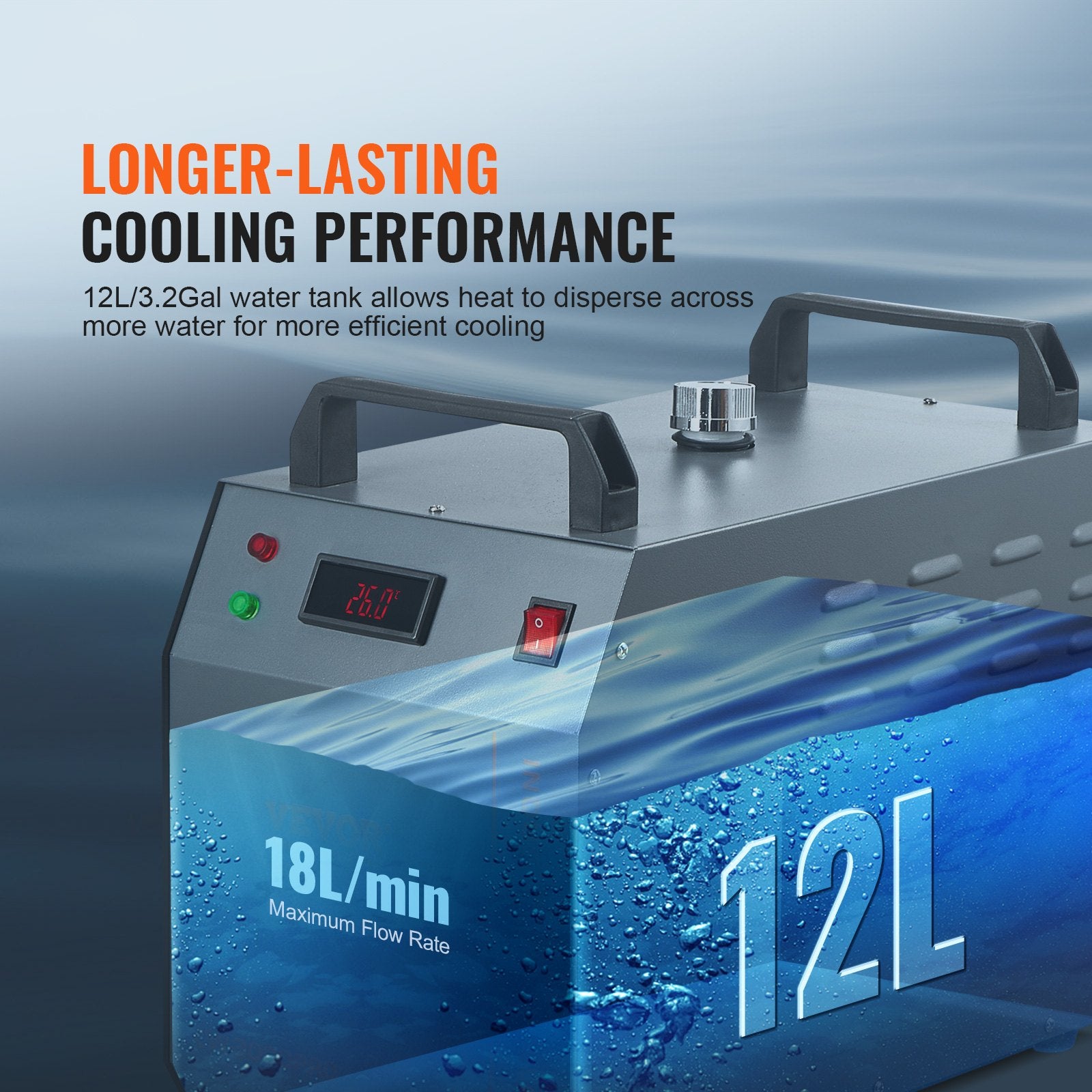 Camping Appliances: VEVOR Industrial Water Chiller, CW-3000(PRO), 150W Air-Cooled Industrial Water Cooler Cooling System with 12L Water Tank Capacity 18 L/min Max Flow Rate, for Laser Engraving Machine Cooling Machine