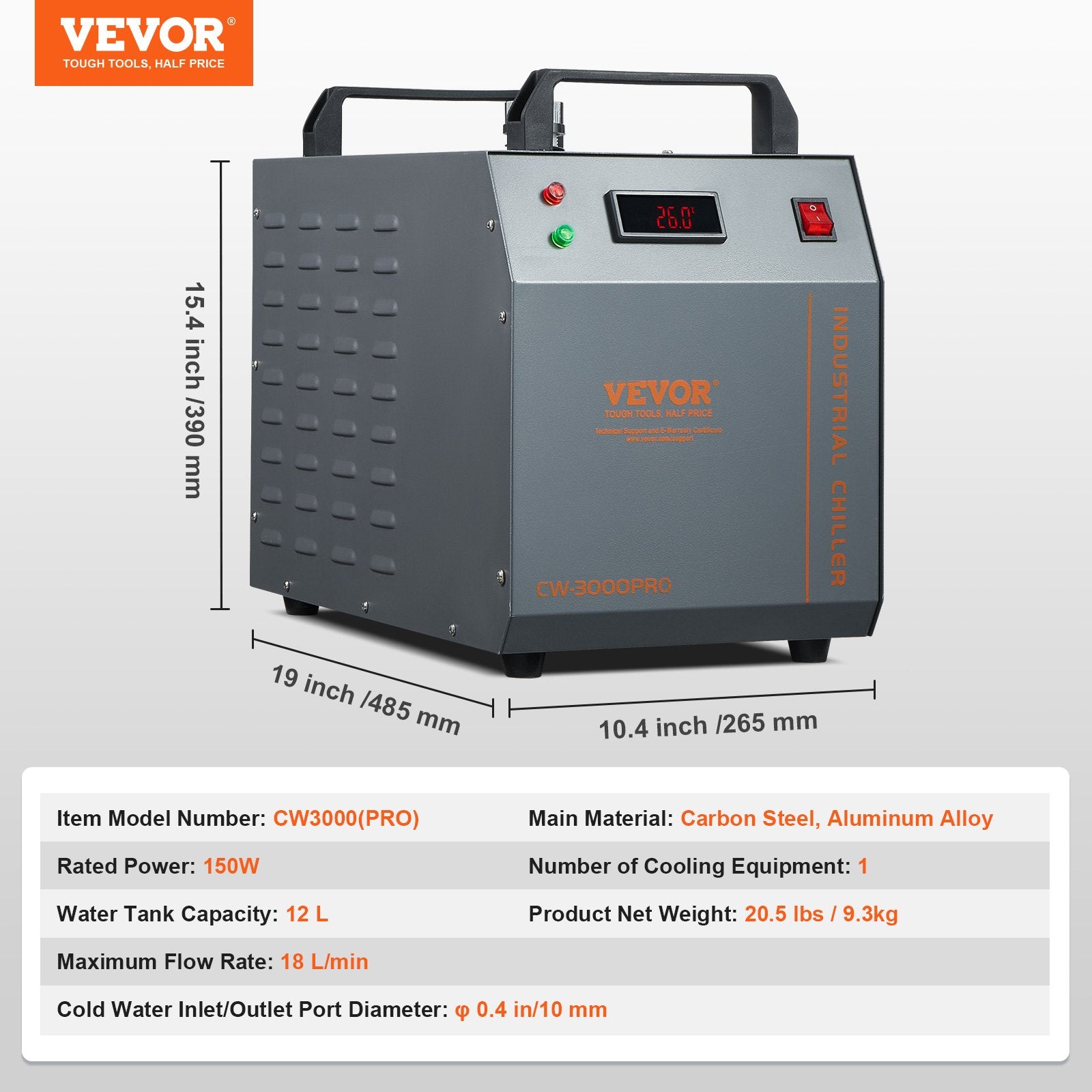 Camping Appliances: VEVOR Industrial Water Chiller, CW-3000(PRO), 150W Air-Cooled Industrial Water Cooler Cooling System with 12L Water Tank Capacity 18 L/min Max Flow Rate, for Laser Engraving Machine Cooling Machine